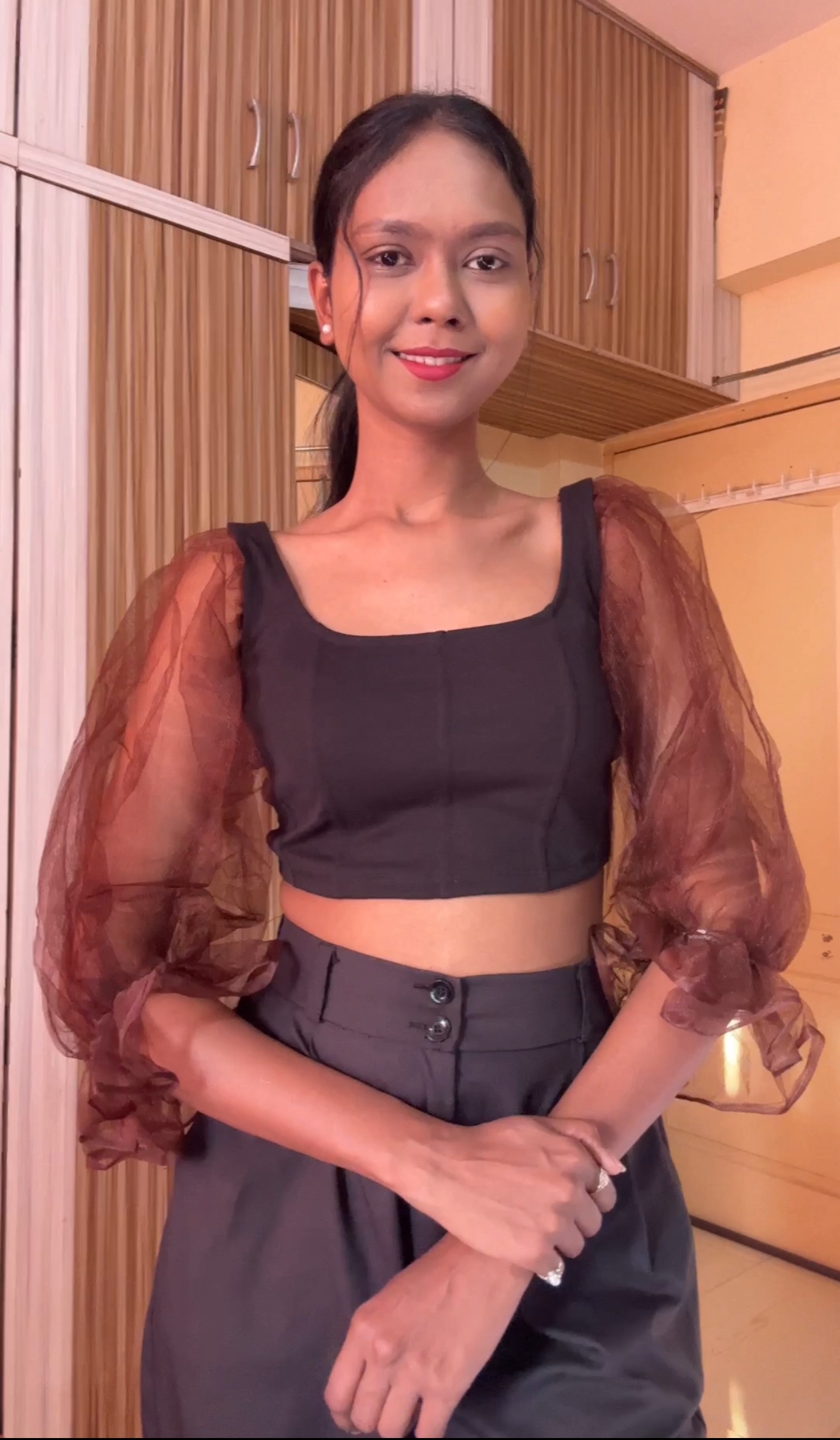 Brown Detachable Net Puff Sleeves