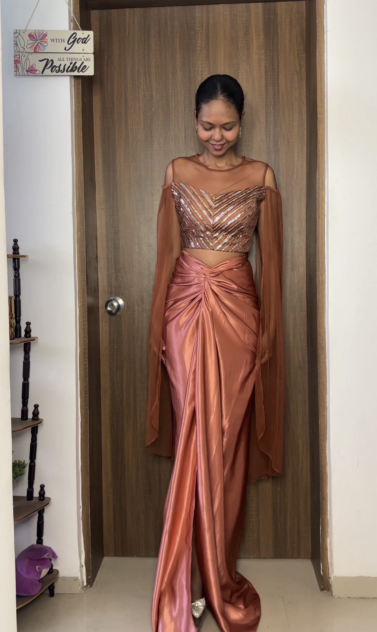 Skin Colour Satin Multiway Long Skirt