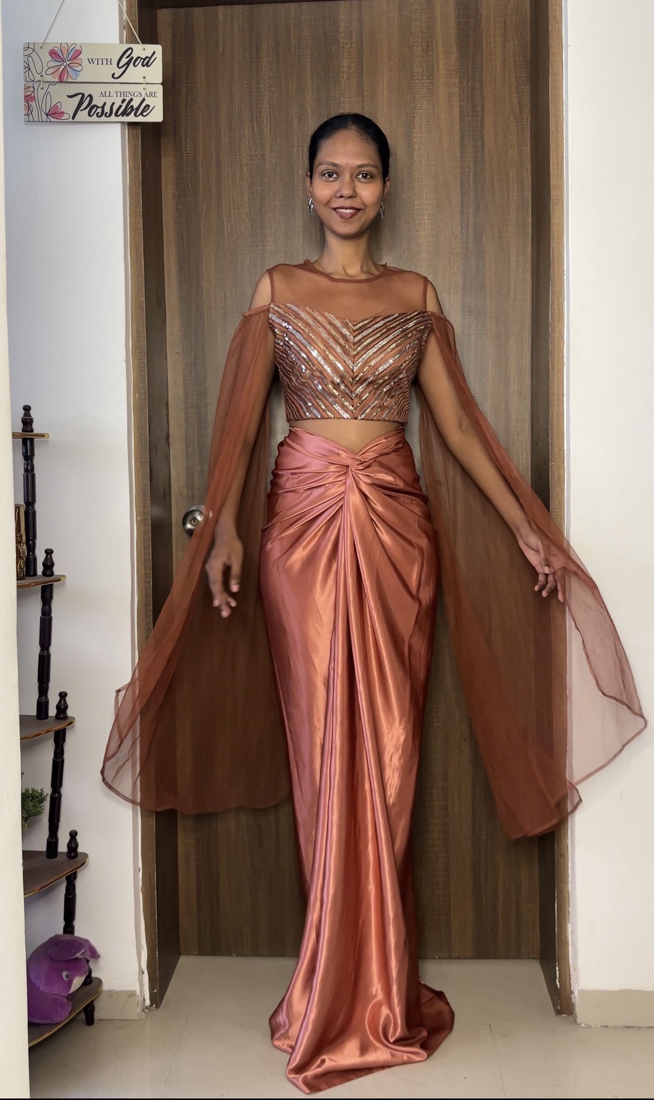 Skin Colour Satin Multiway Long Skirt