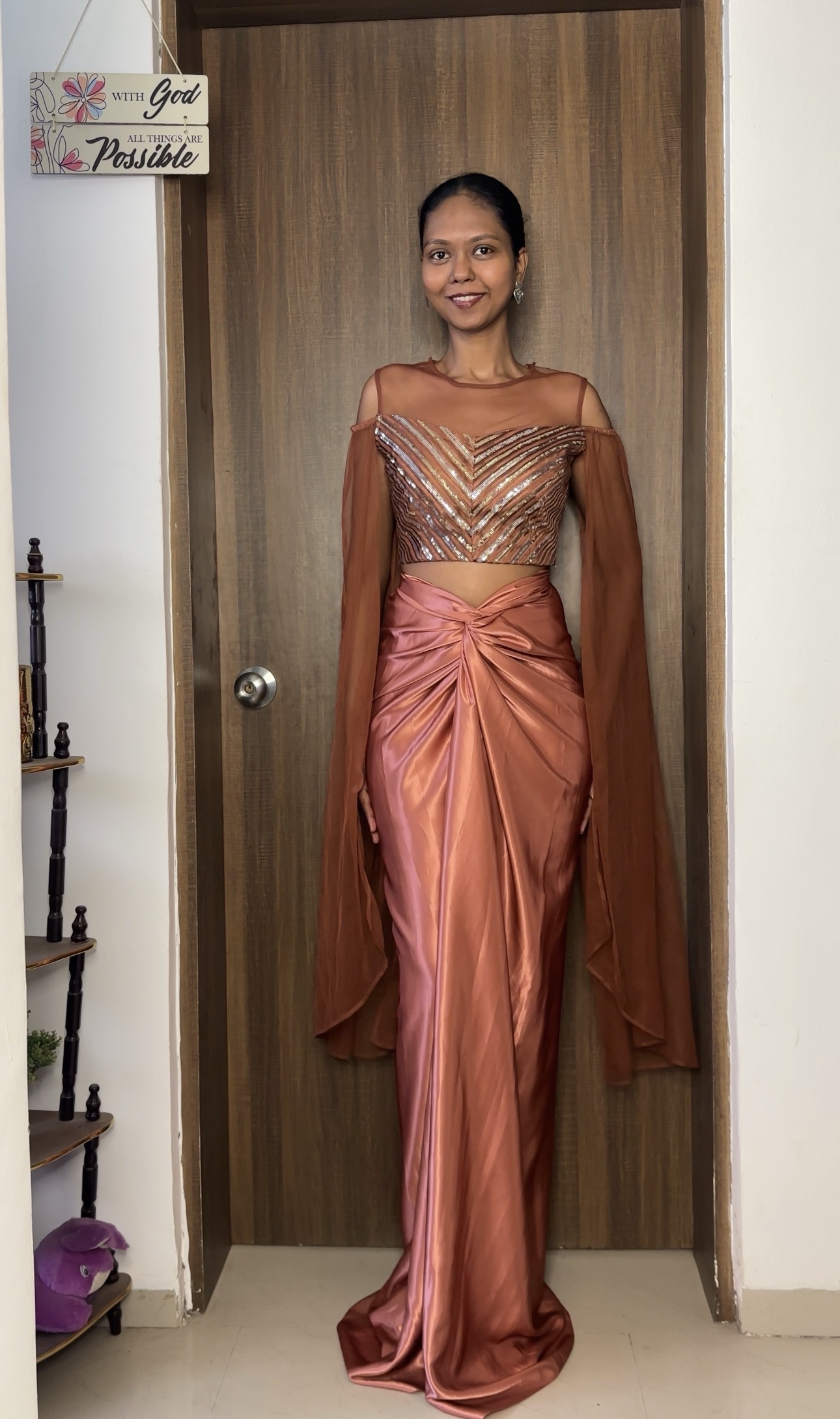 Skin Colour Satin Multiway Long Skirt