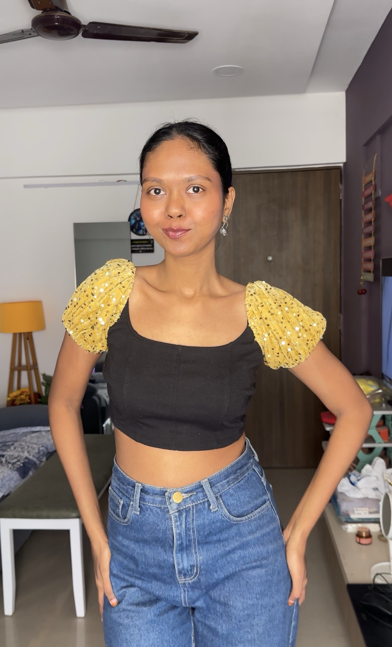 Golden Sequin Short Puff Sleeves