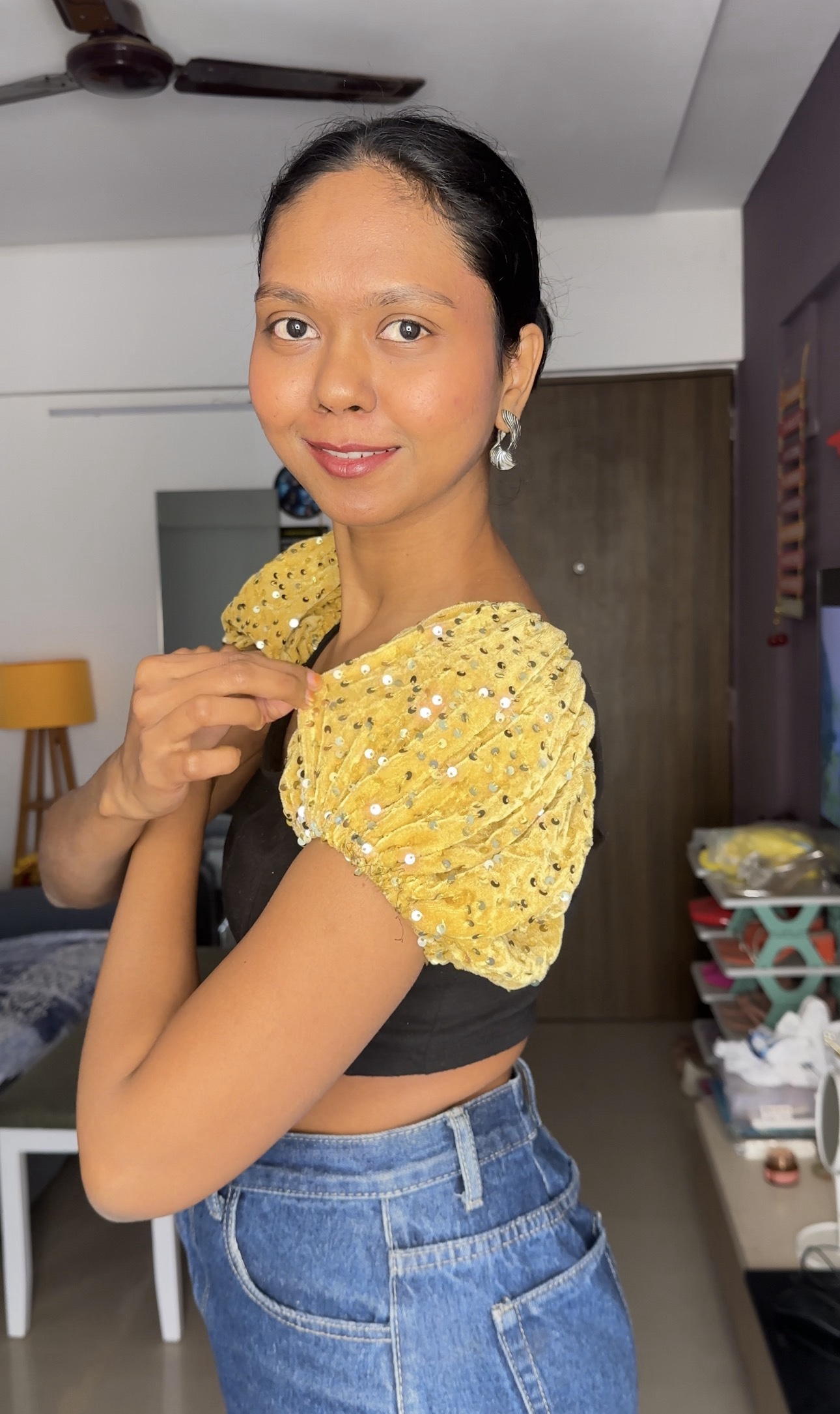 Golden Sequin Short Puff Sleeves