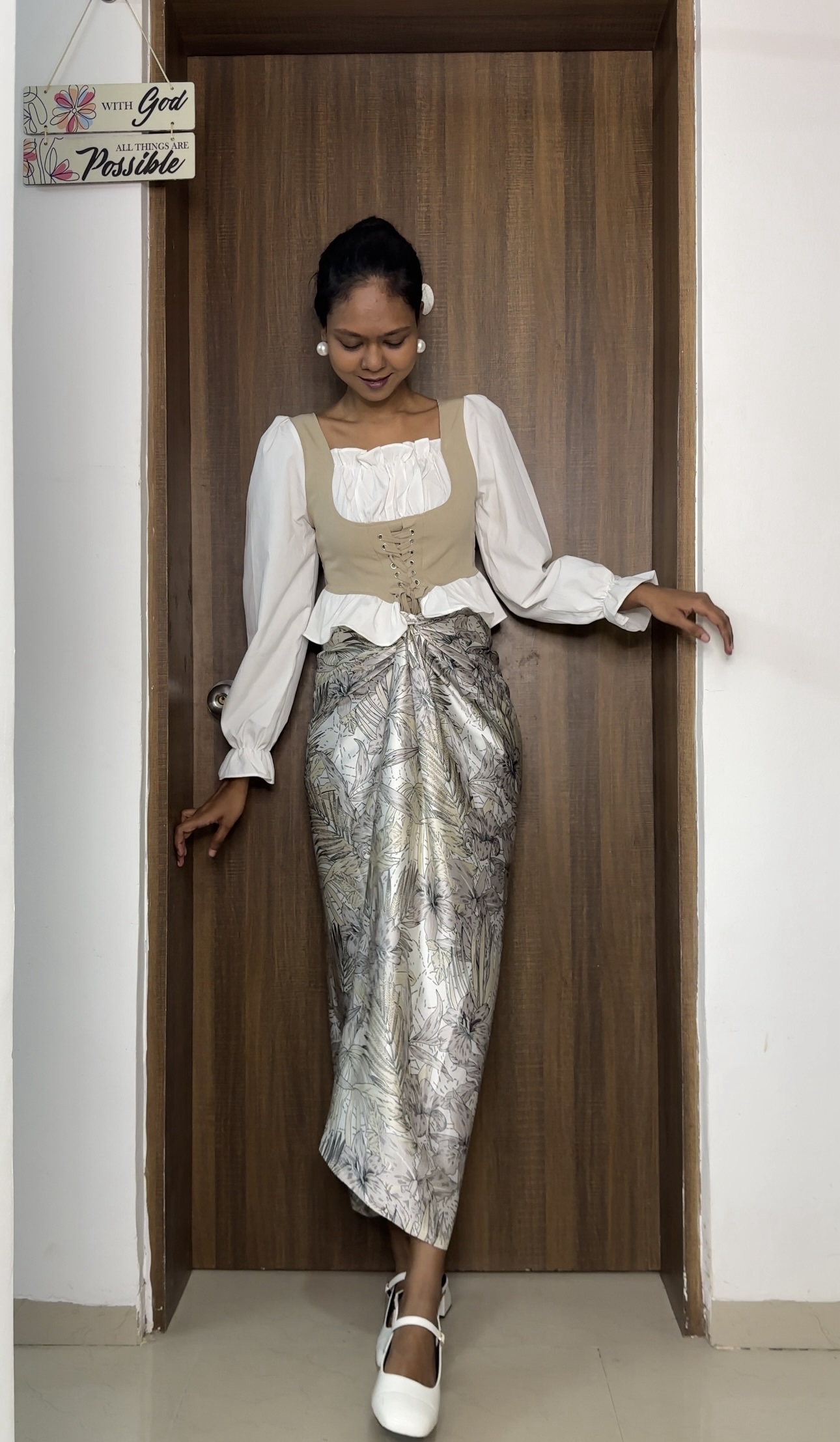Grey Floral Print satin multiway skirt