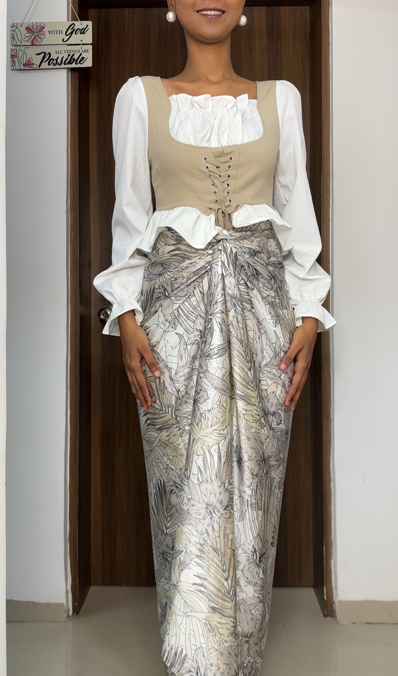 Grey Floral Print satin multiway skirt