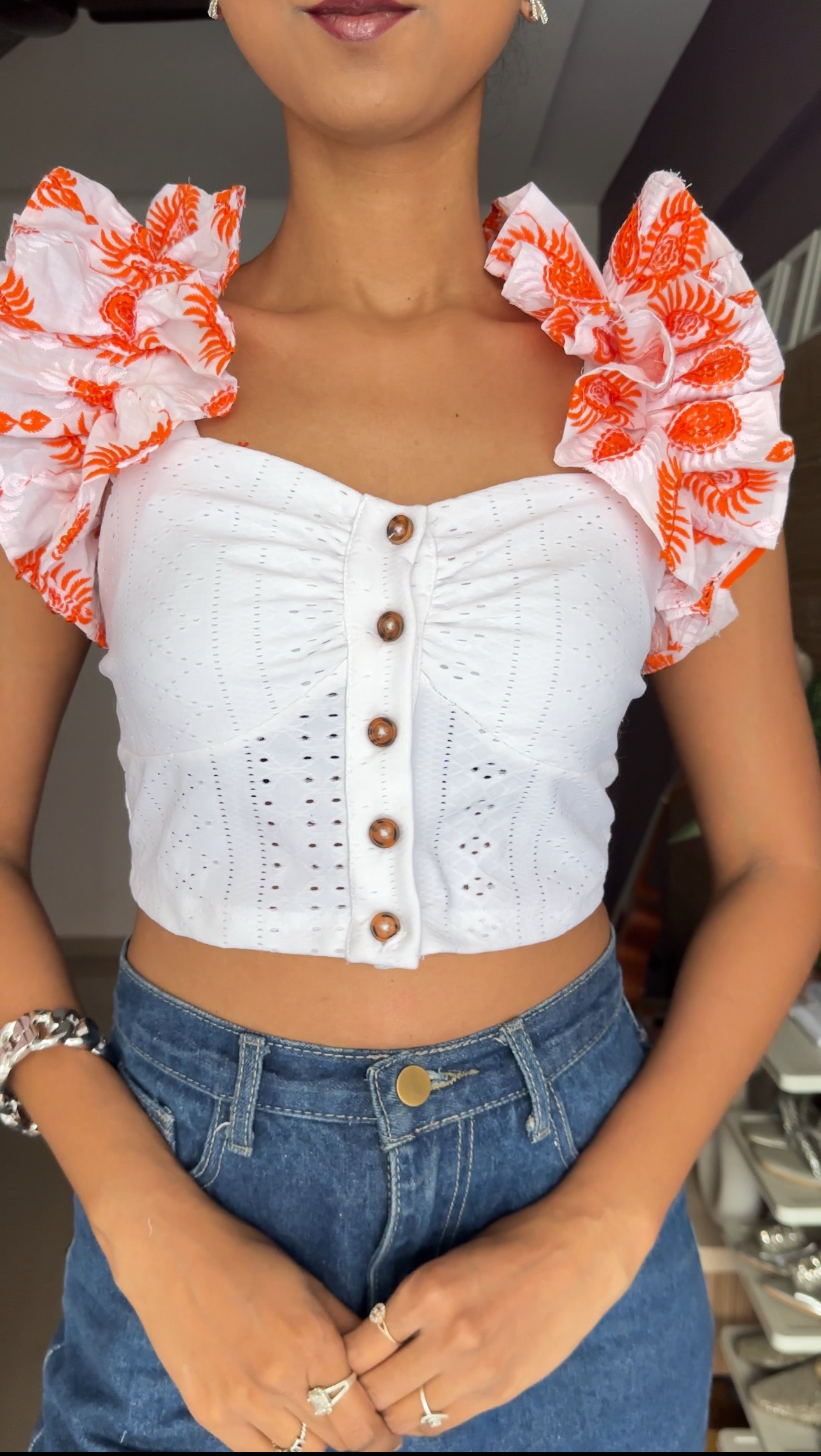 White Cut Work Ruffle Sleeves