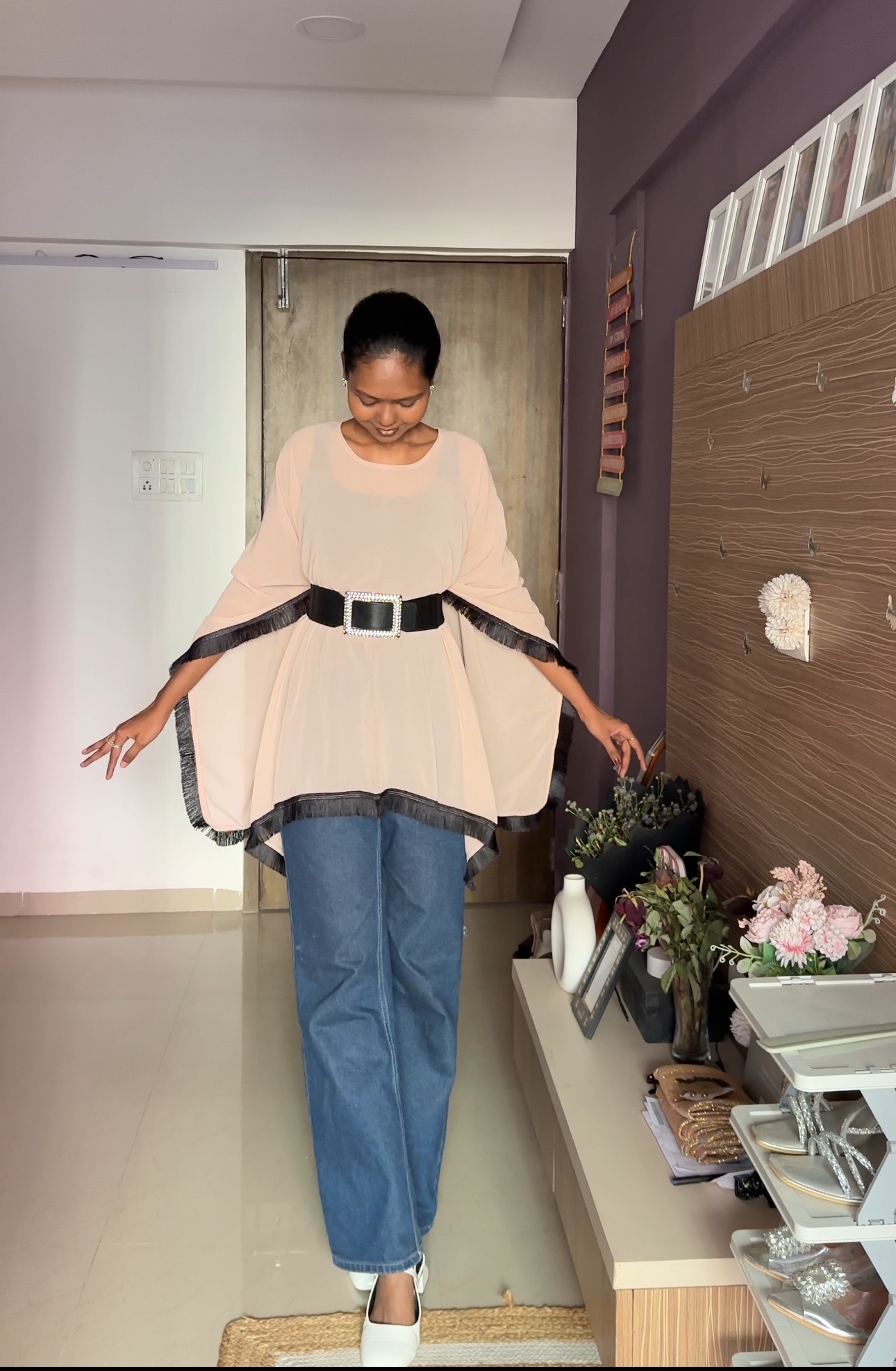 Cream Georgette Cape With Tassels