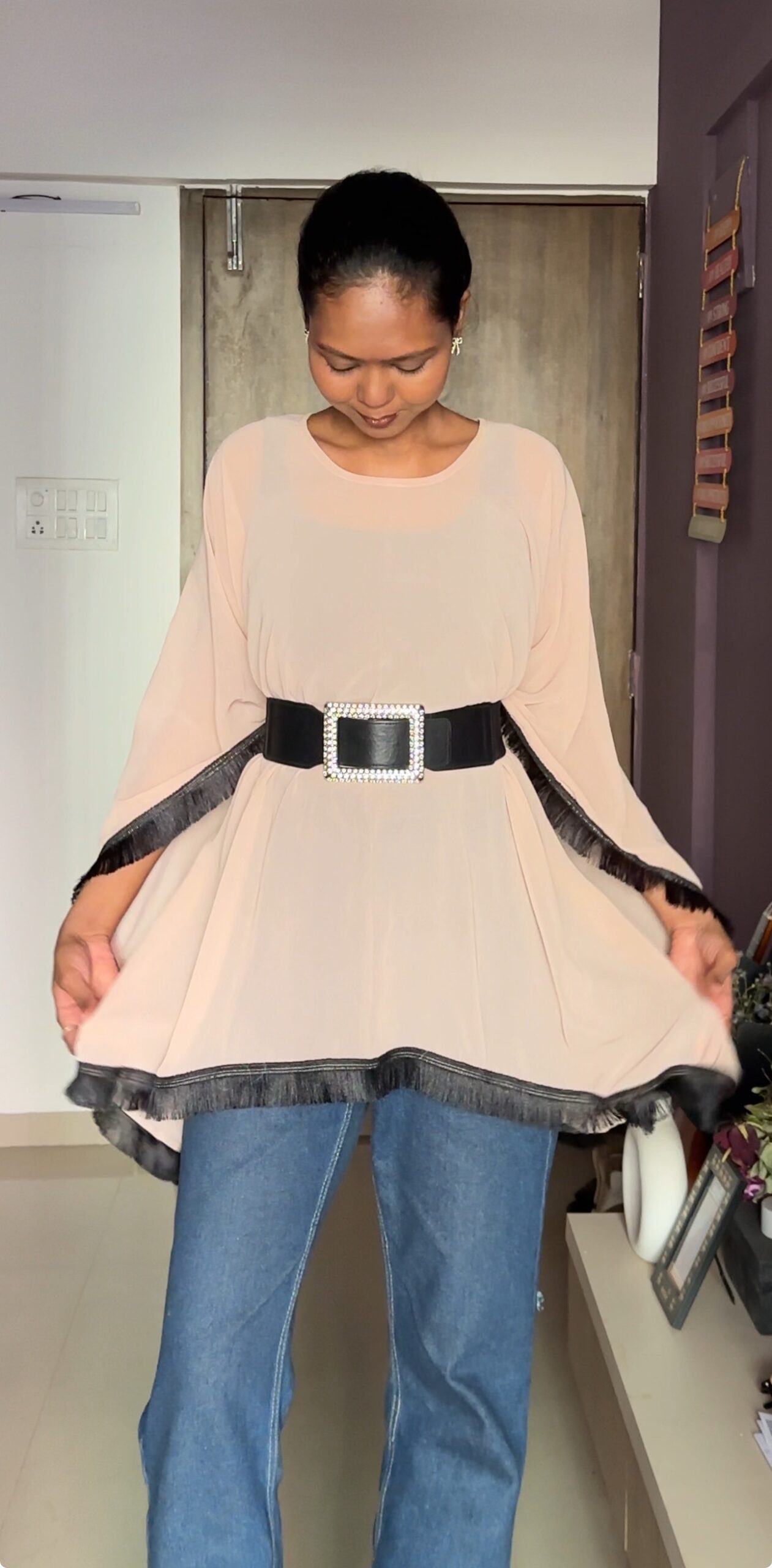 Cream Georgette Cape With Tassels