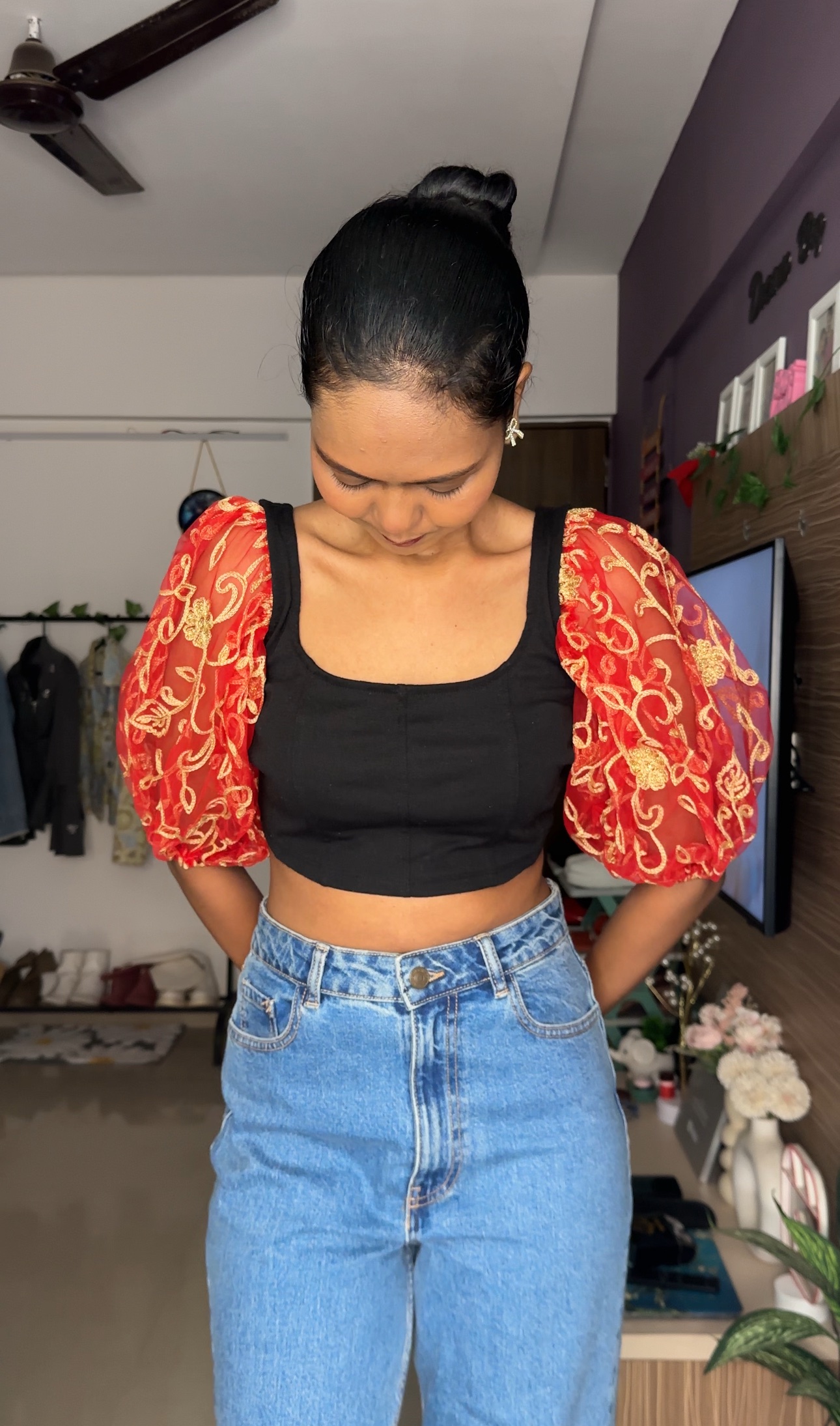 Red Embroidered Net Sleeves
