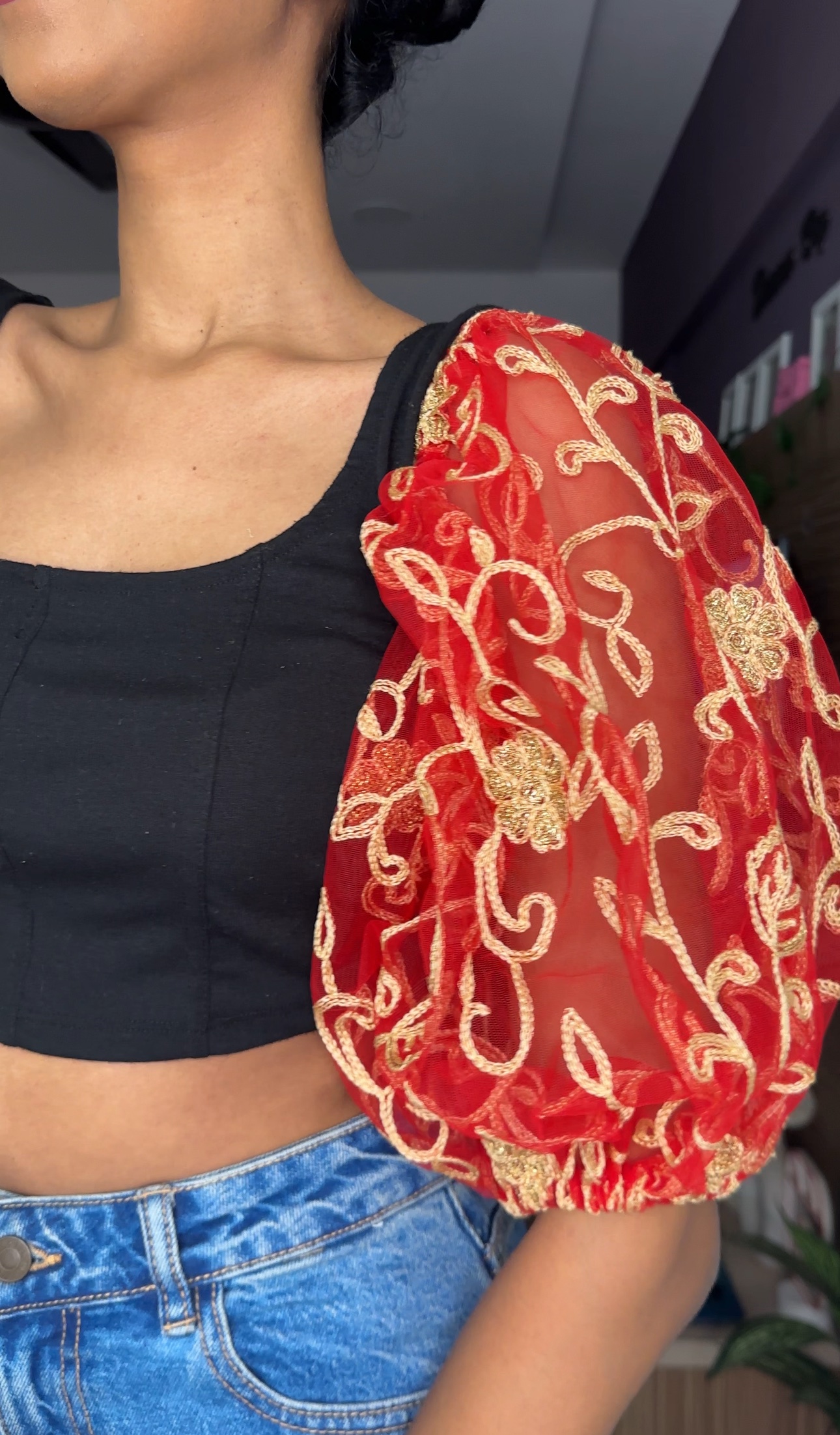 Red Embroidered Net Sleeves