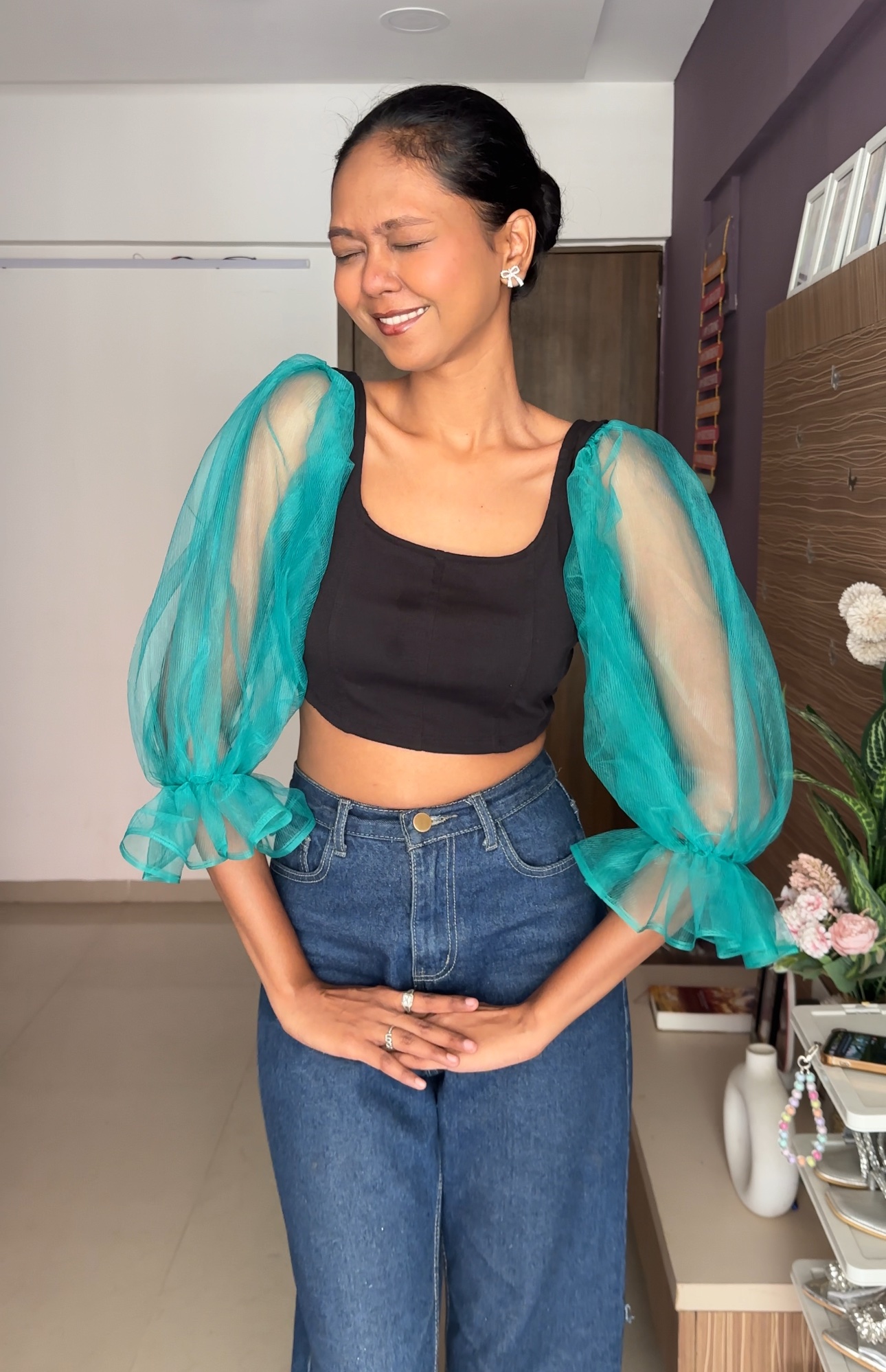 Green Net Puff Sleeves