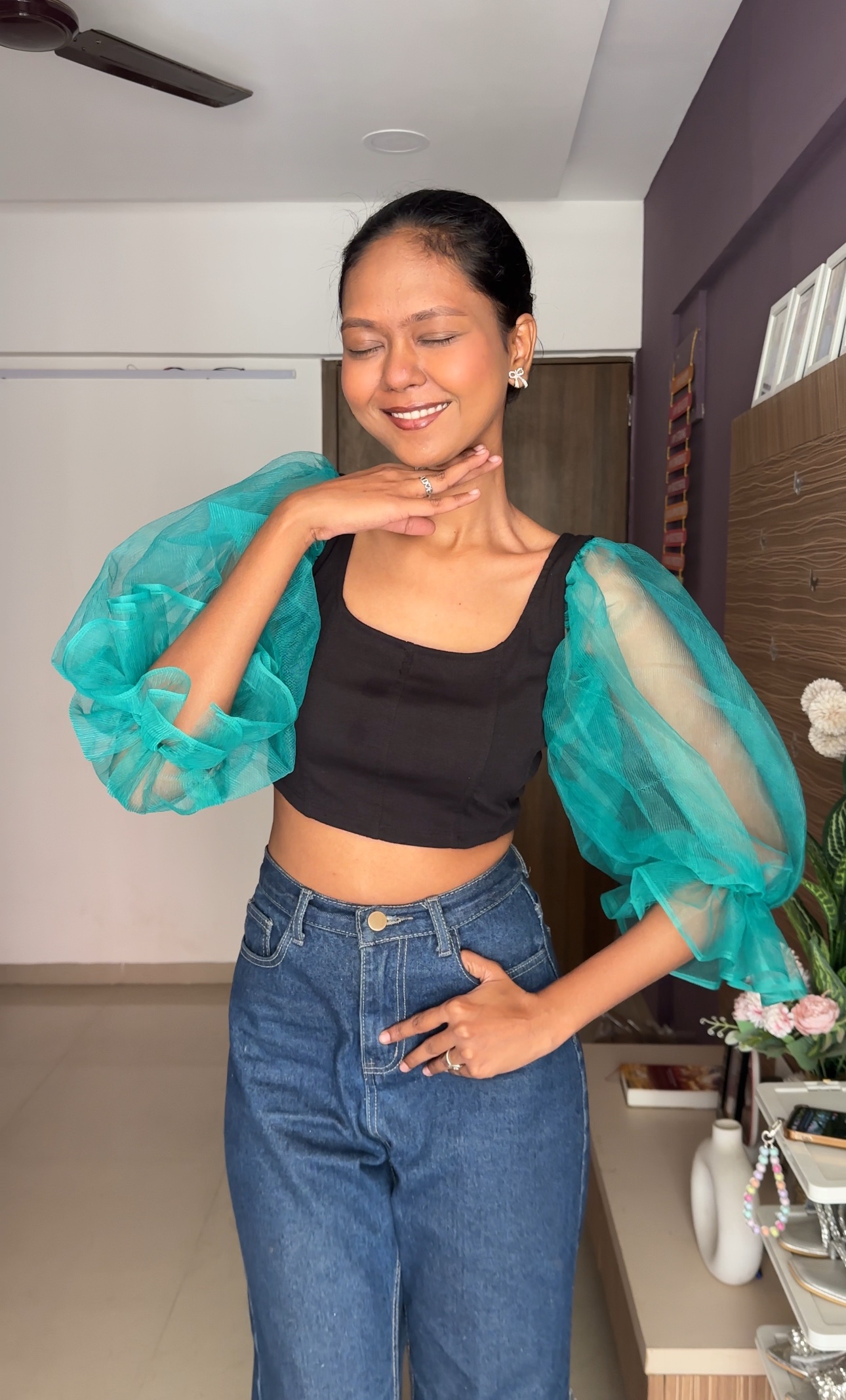 Green Net Puff Sleeves