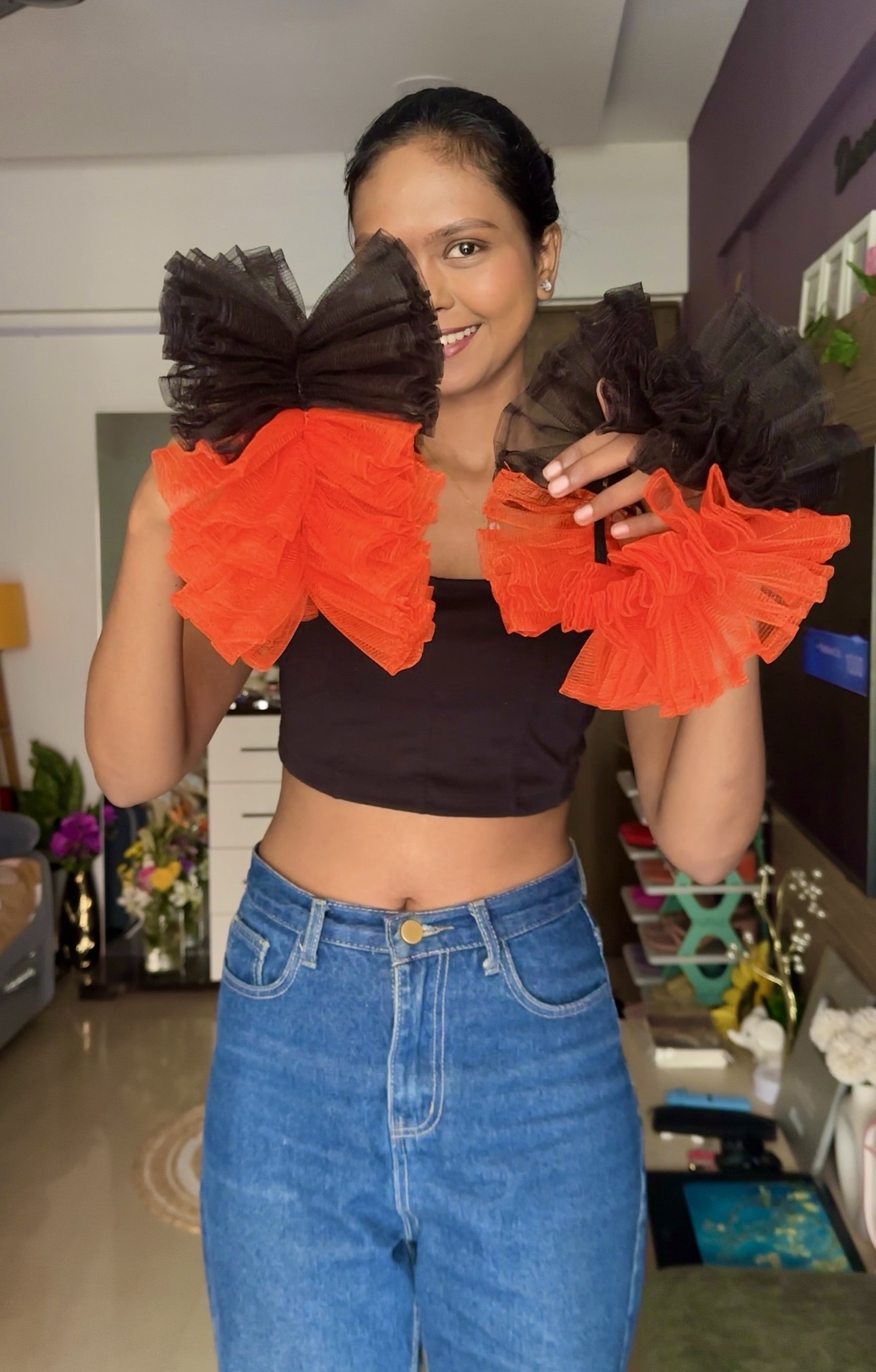 Two colour Detachable Net Ruffle Sleeves ( Orange + Black )