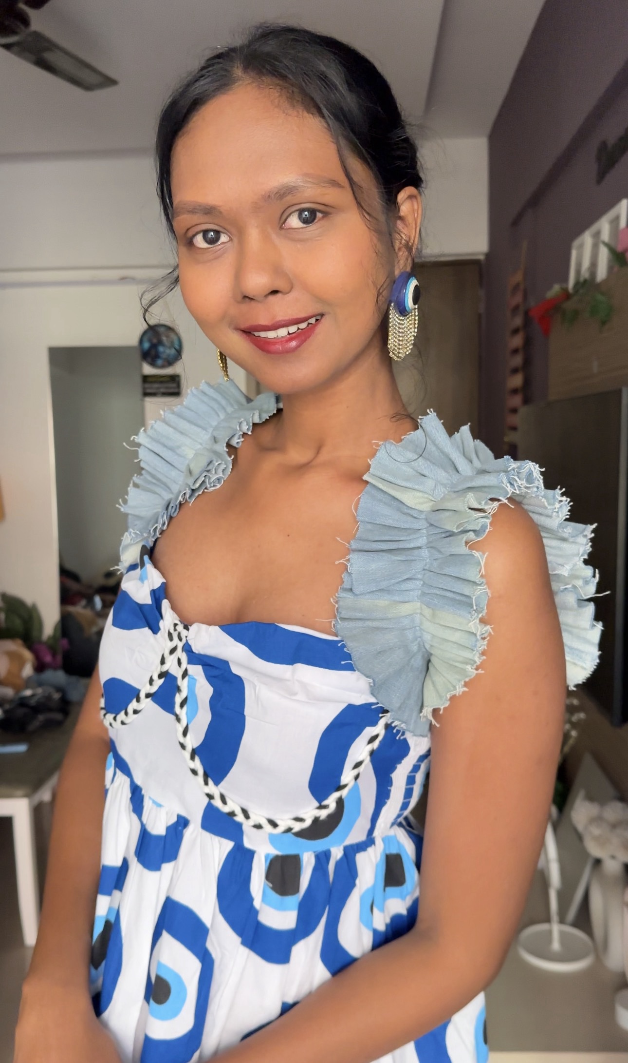 Washed Blue Denim Ruffle Sleeves