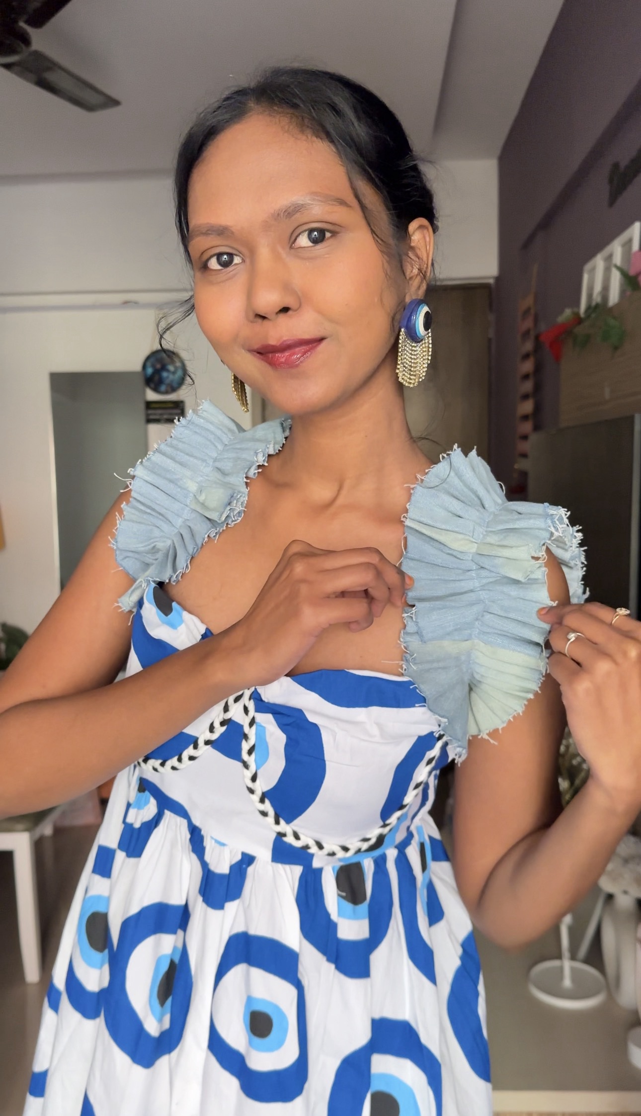 Washed Blue Denim Ruffle Sleeves
