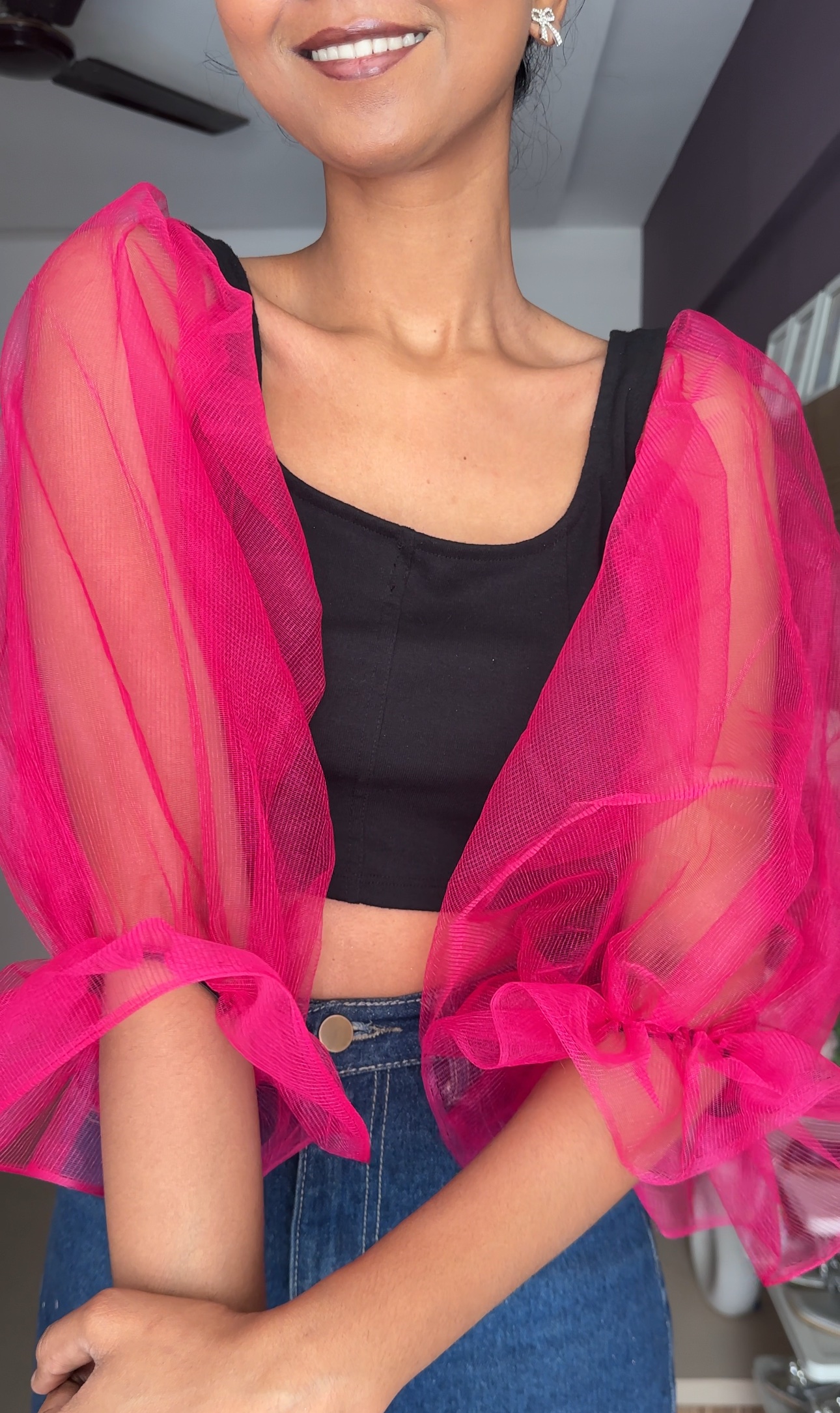 Rani Pink Net Puff Sleeves