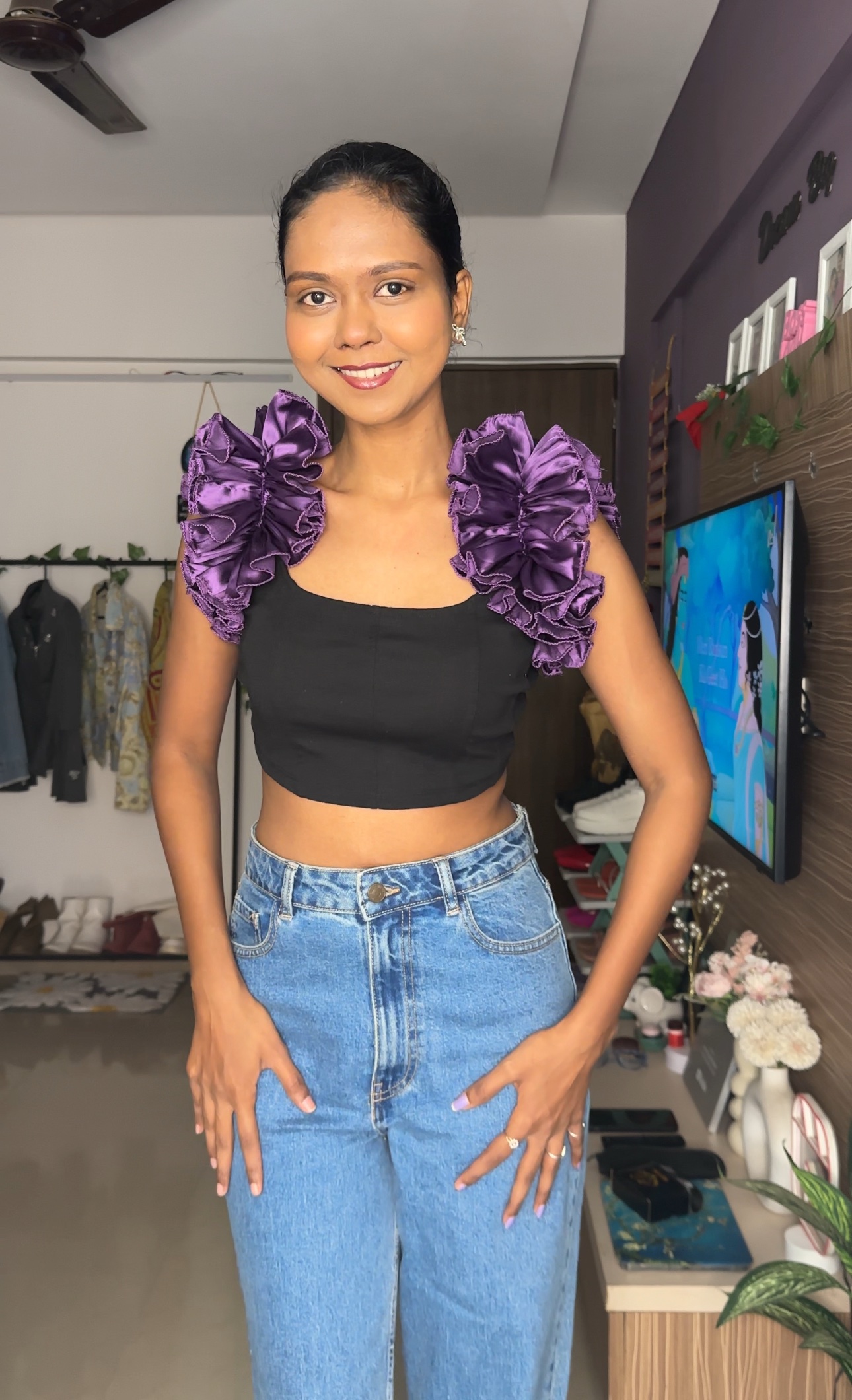 Purple Satin Ruffle Sleeves