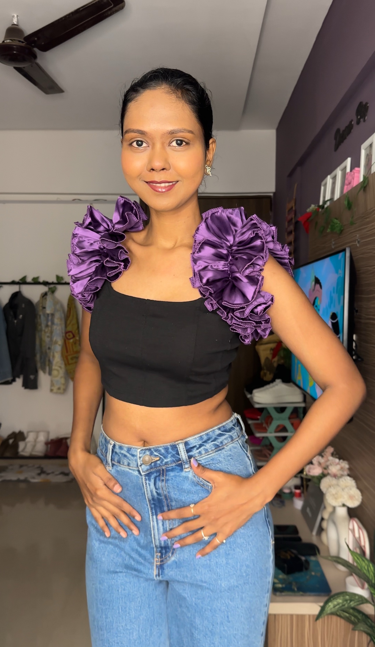 Purple Satin Ruffle Sleeves