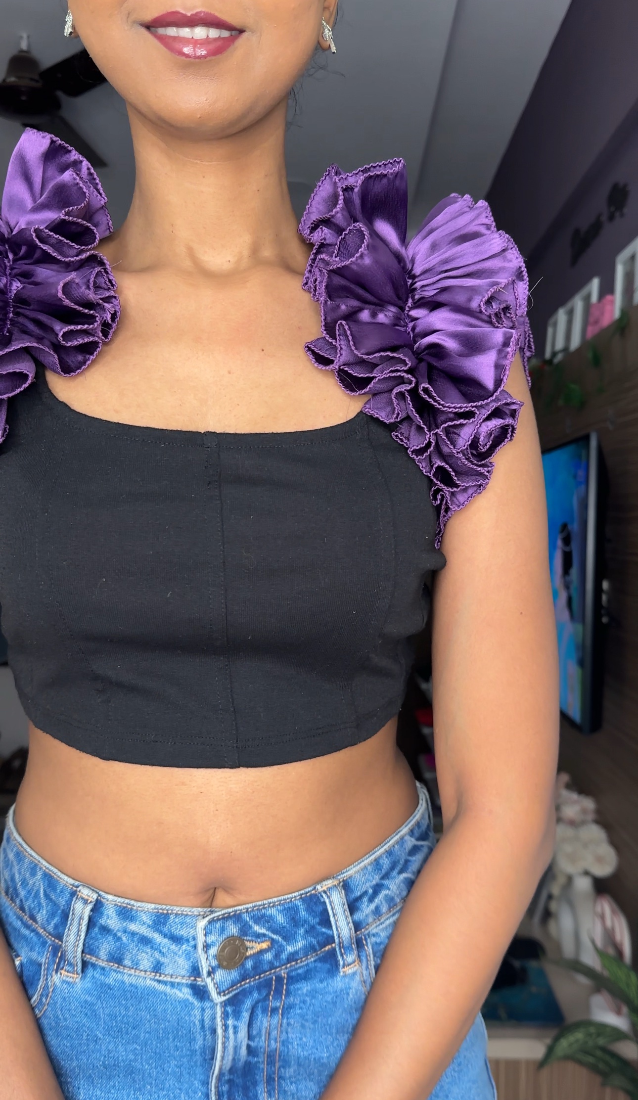 Purple Satin Ruffle Sleeves