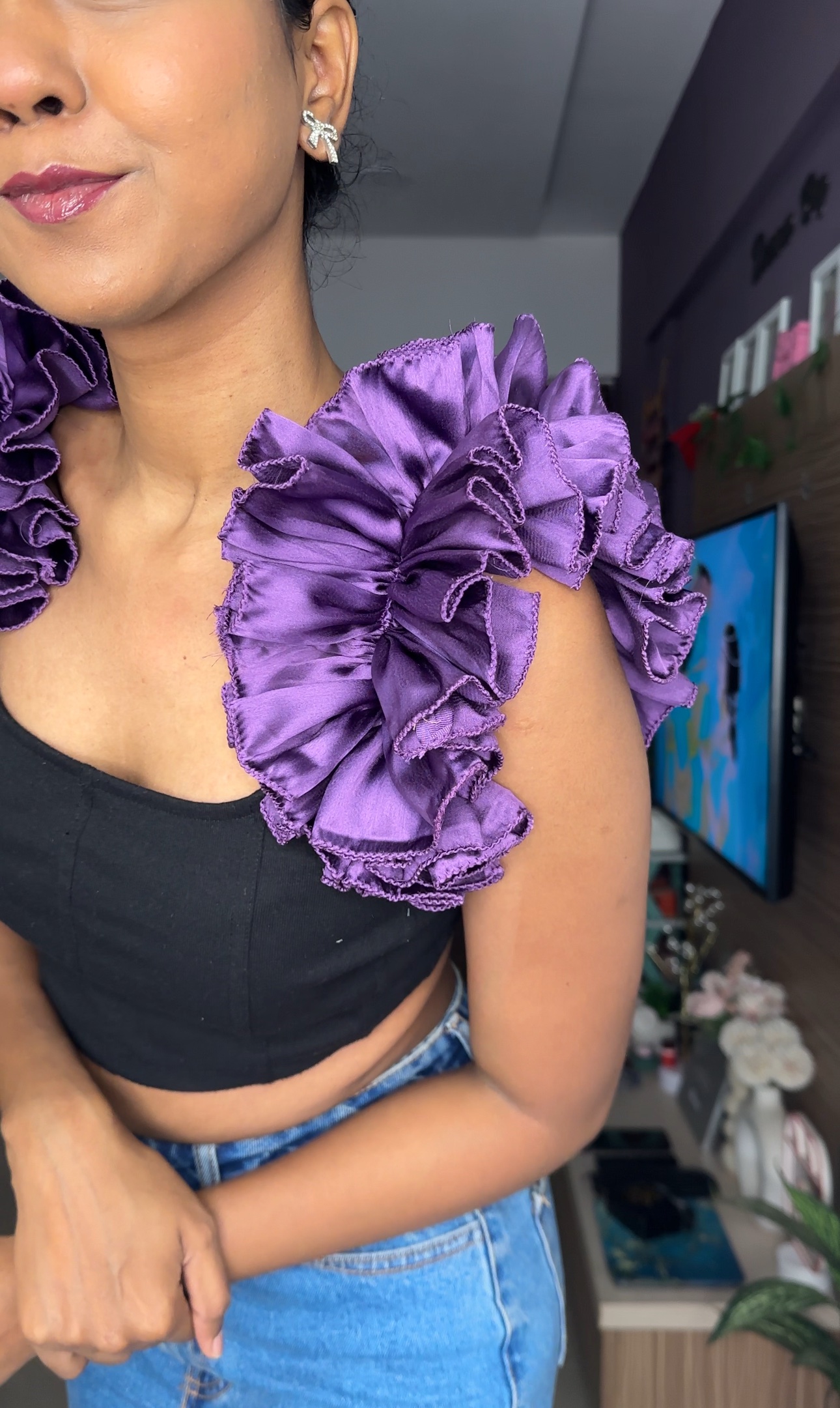 Purple Satin Ruffle Sleeves