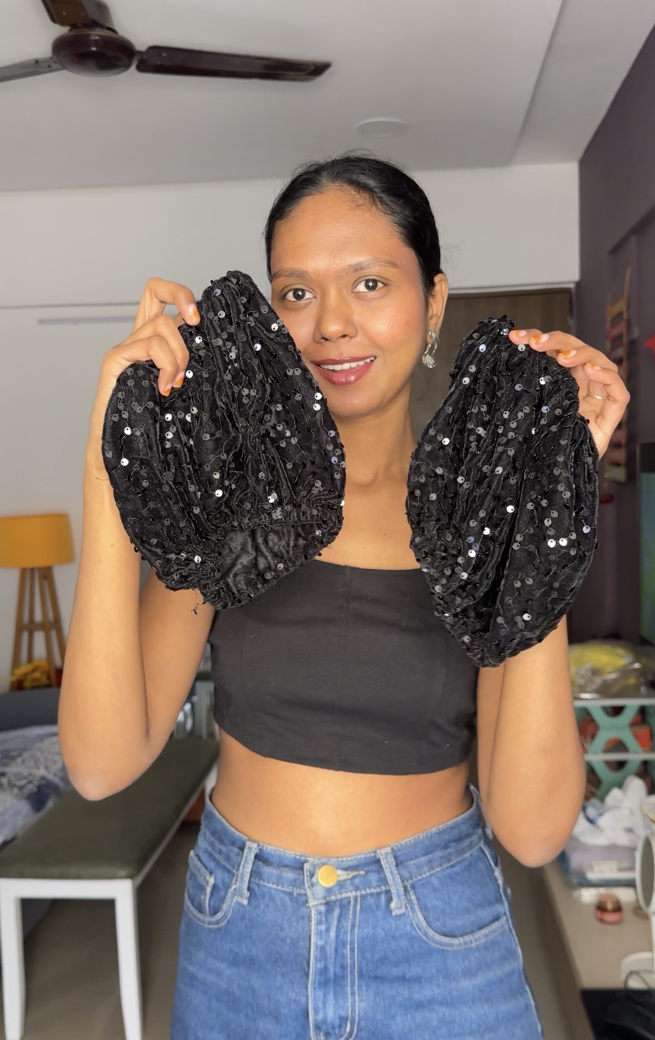 Black Sequin Short Puff Sleeves