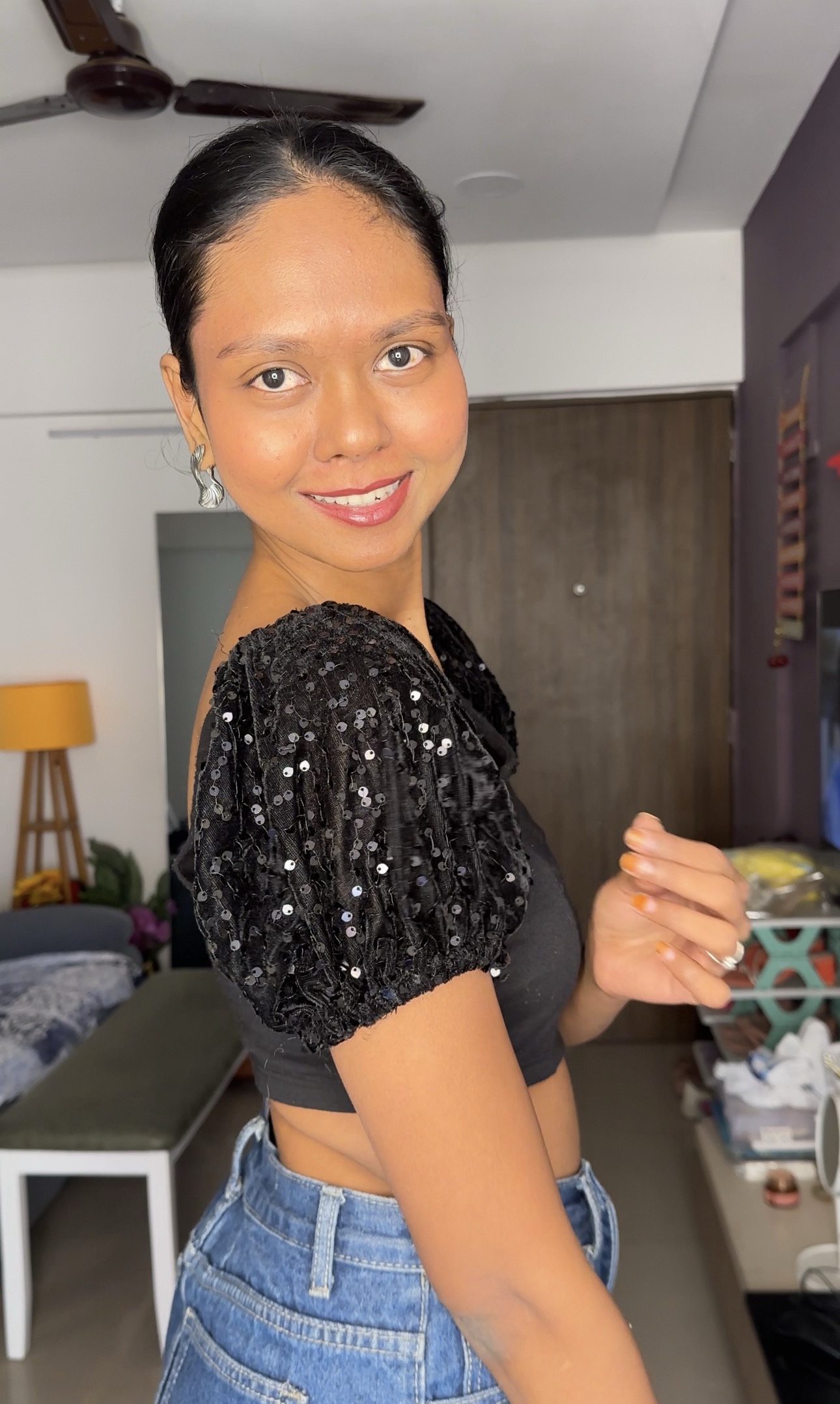 Black Sequin Short Puff Sleeves
