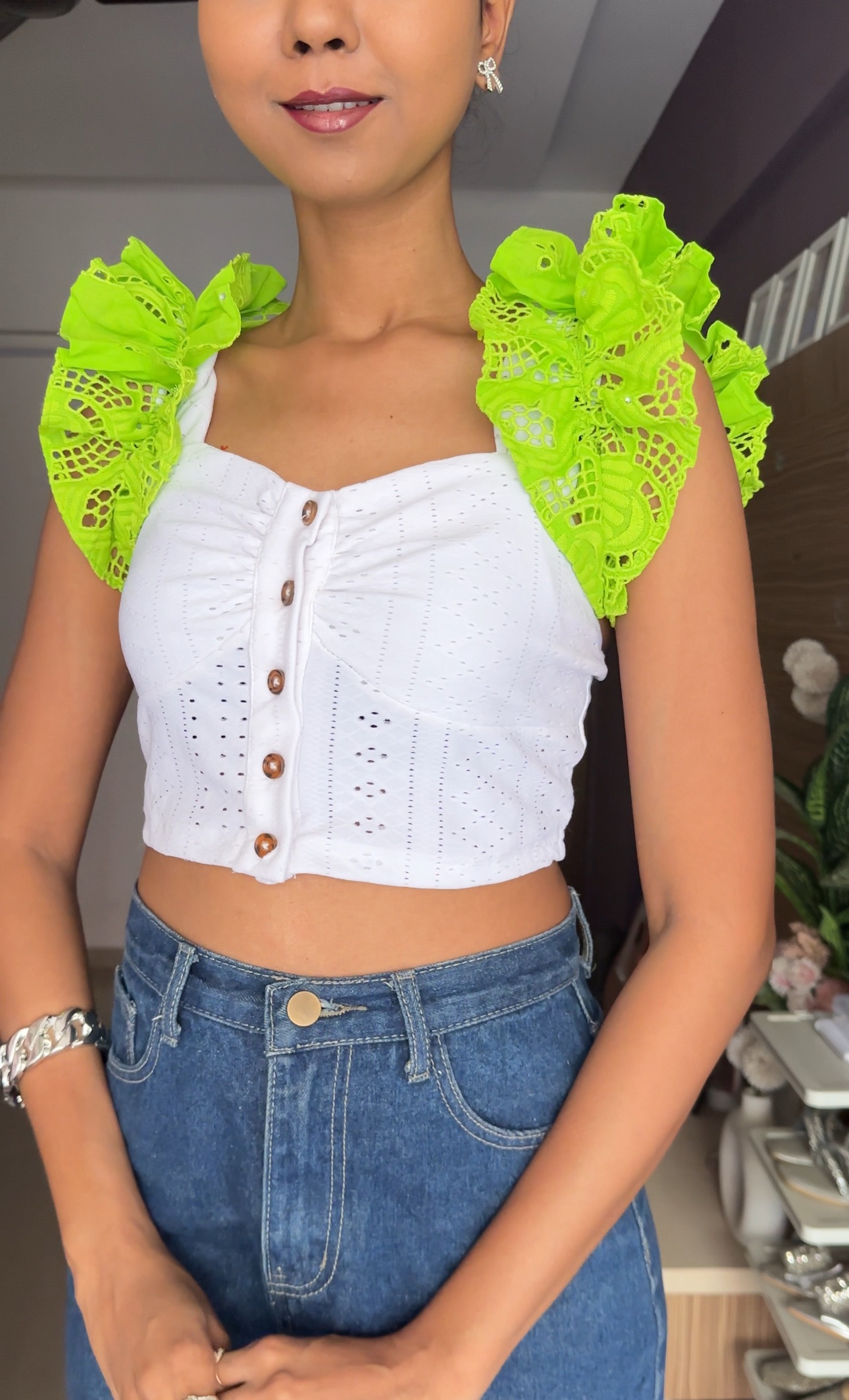 Neon Green Cut Work Ruffle Sleeves