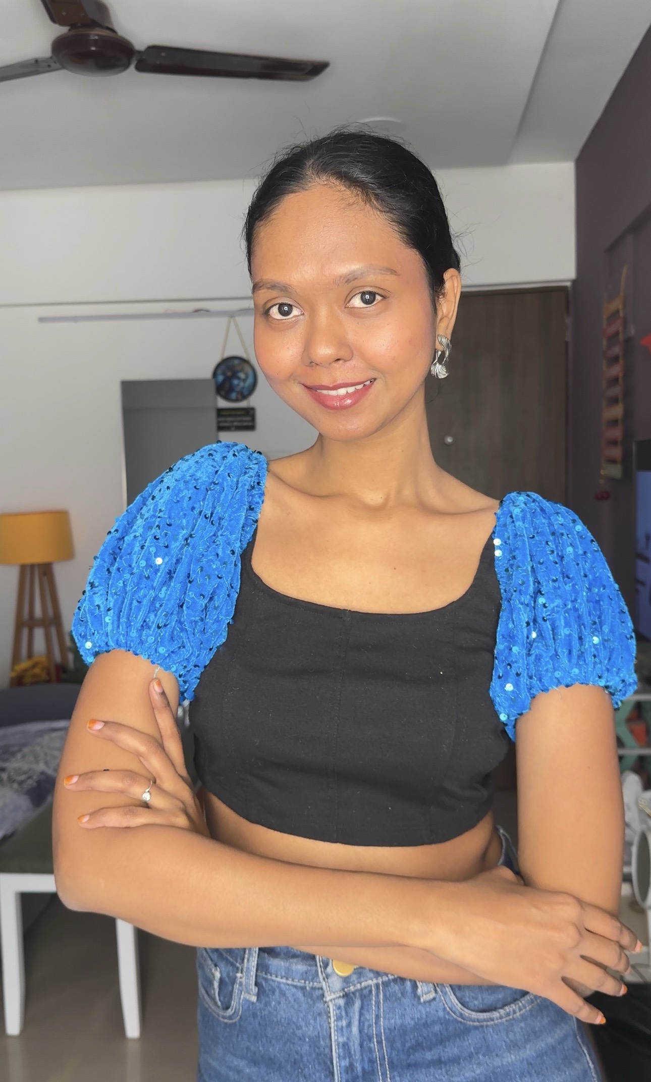 Blue Sequin Short Puff Sleeves