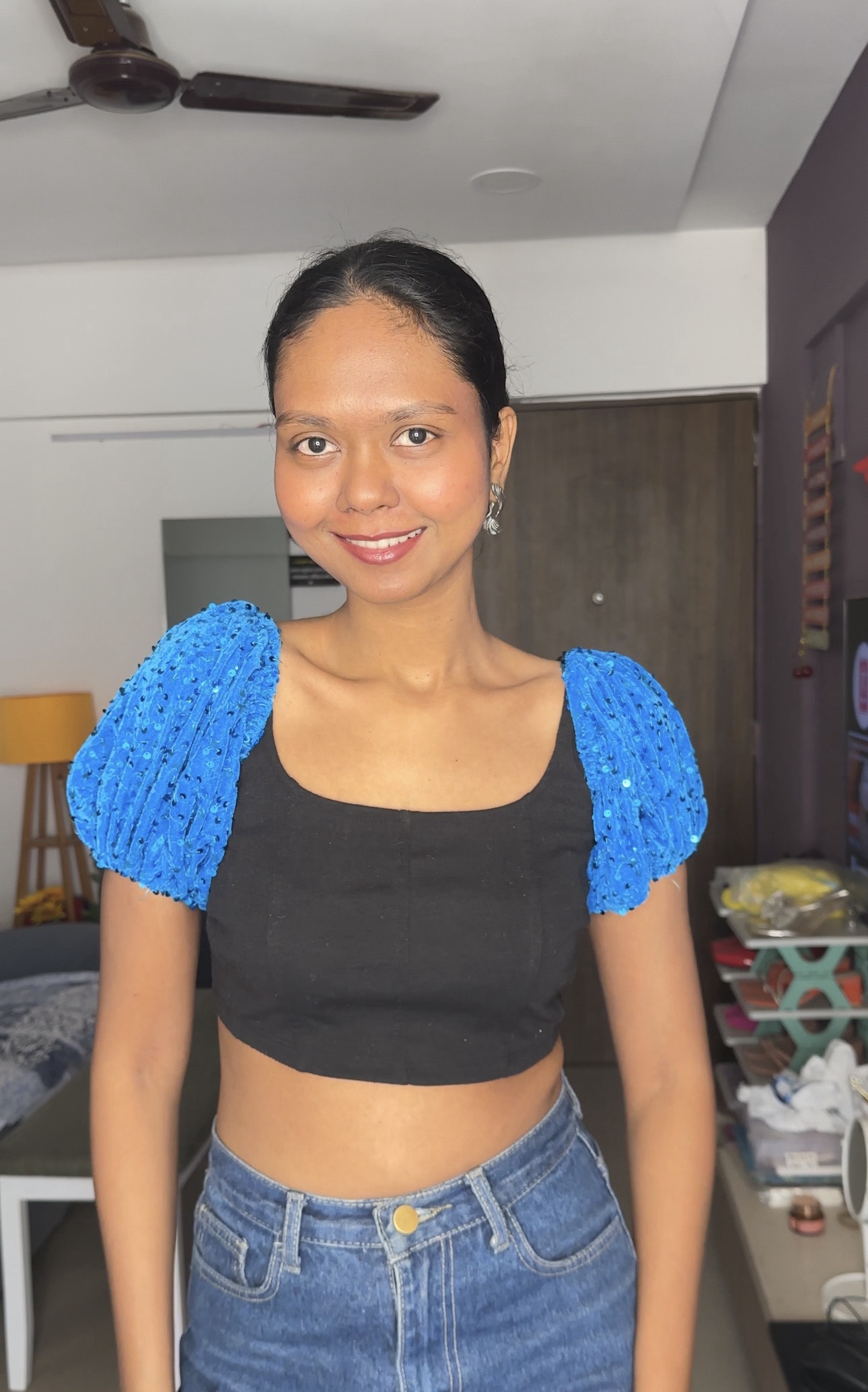 Blue Sequin Short Puff Sleeves