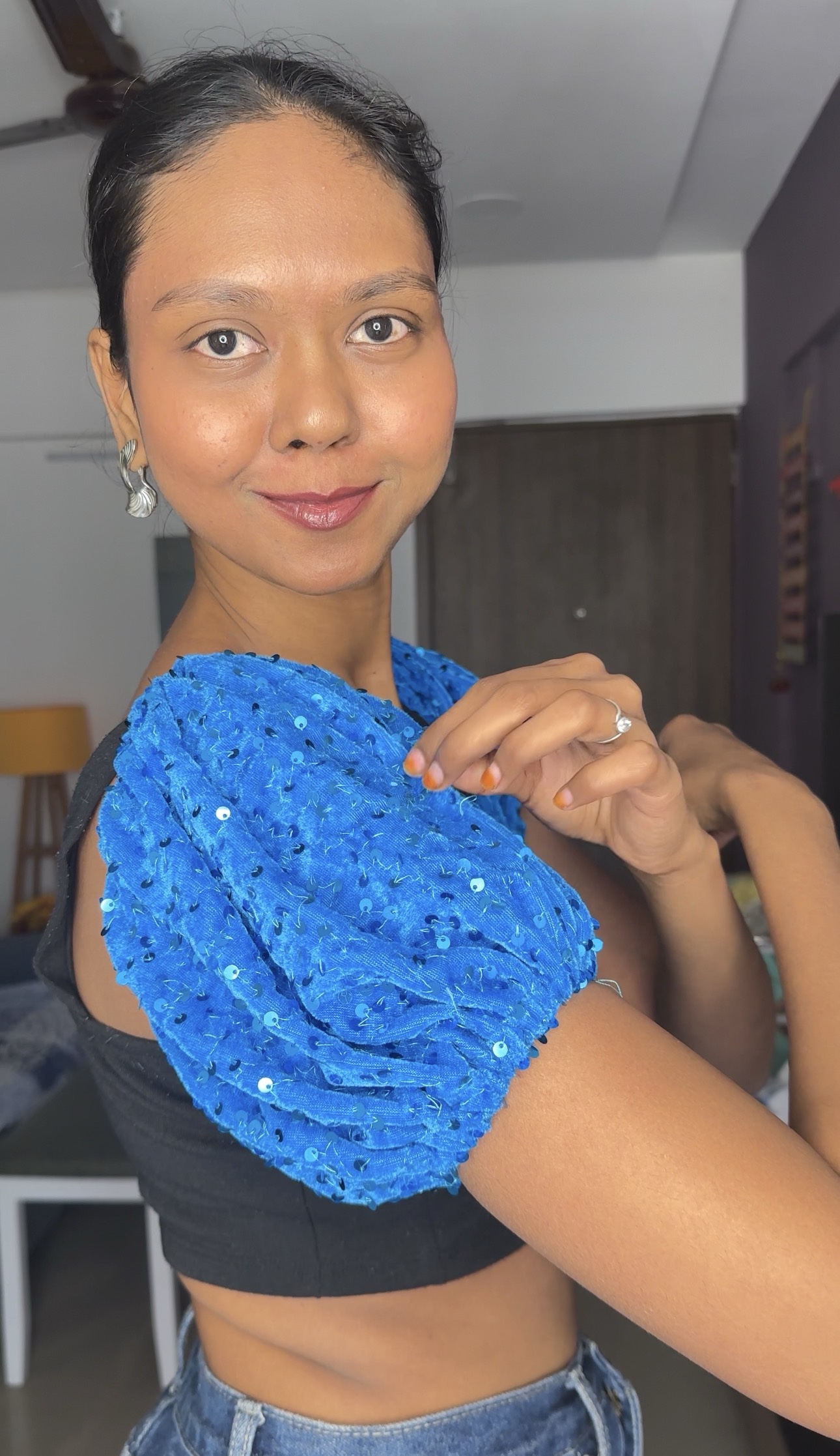 Blue Sequin Short Puff Sleeves