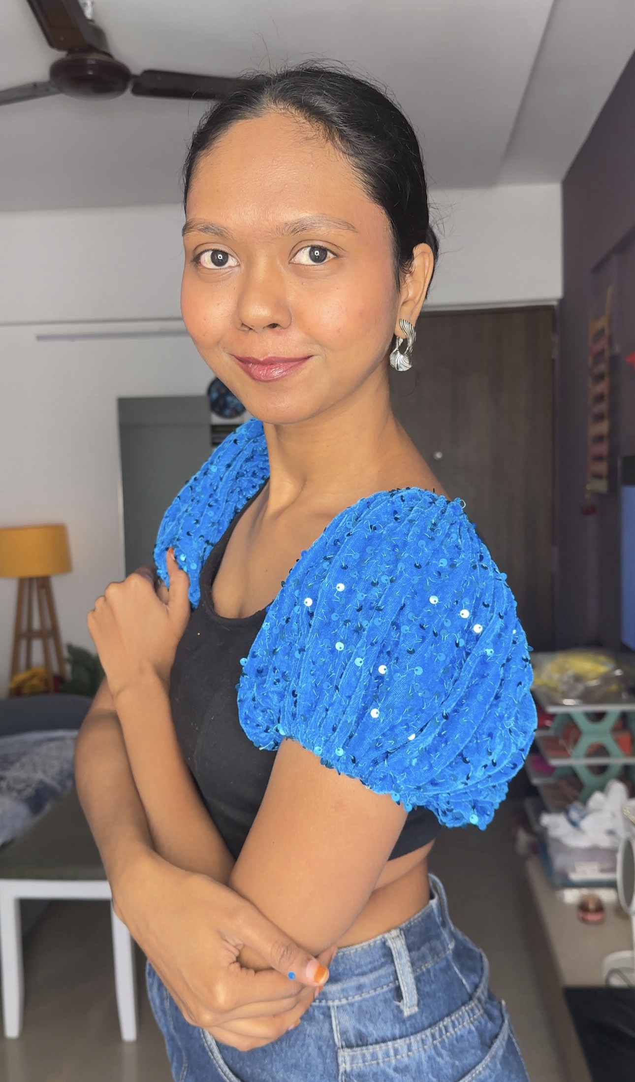 Blue Sequin Short Puff Sleeves