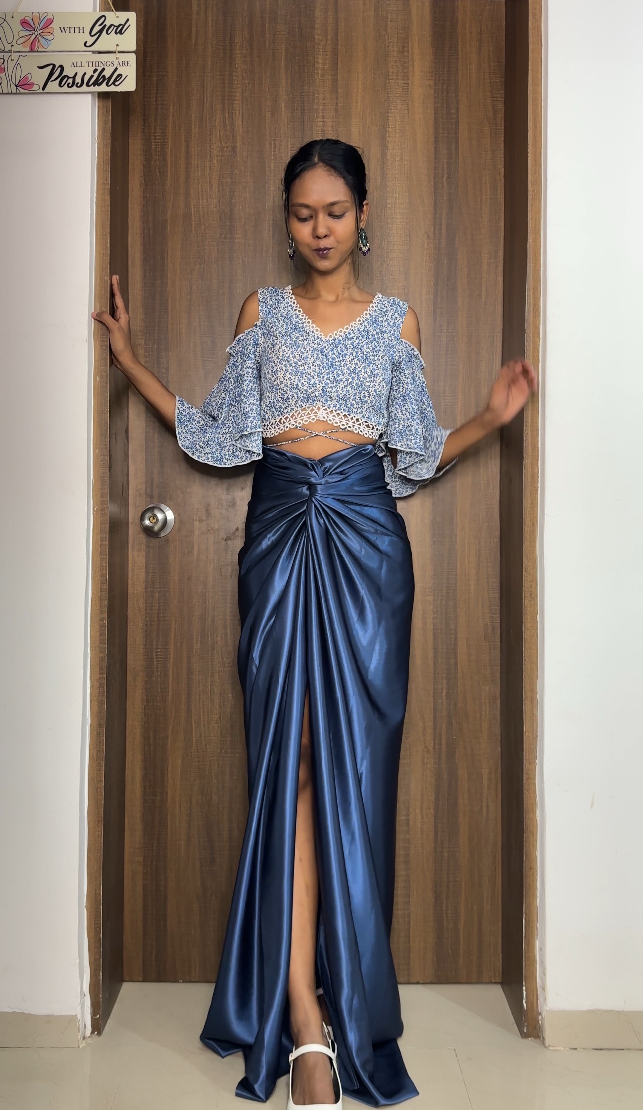 Pretty Blue Satin Long Skirt