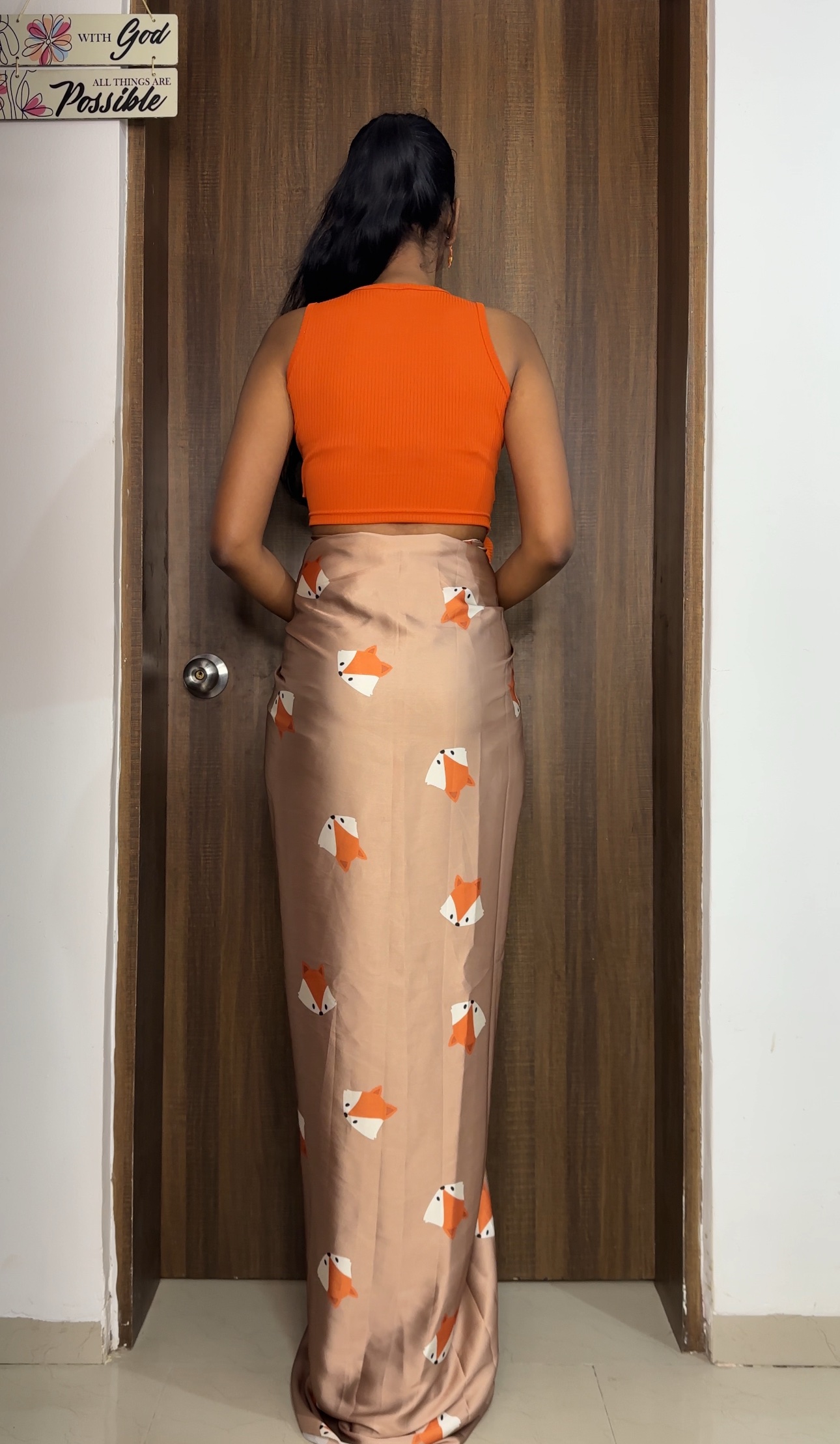 Cute Fox Print Satin Long Skirt