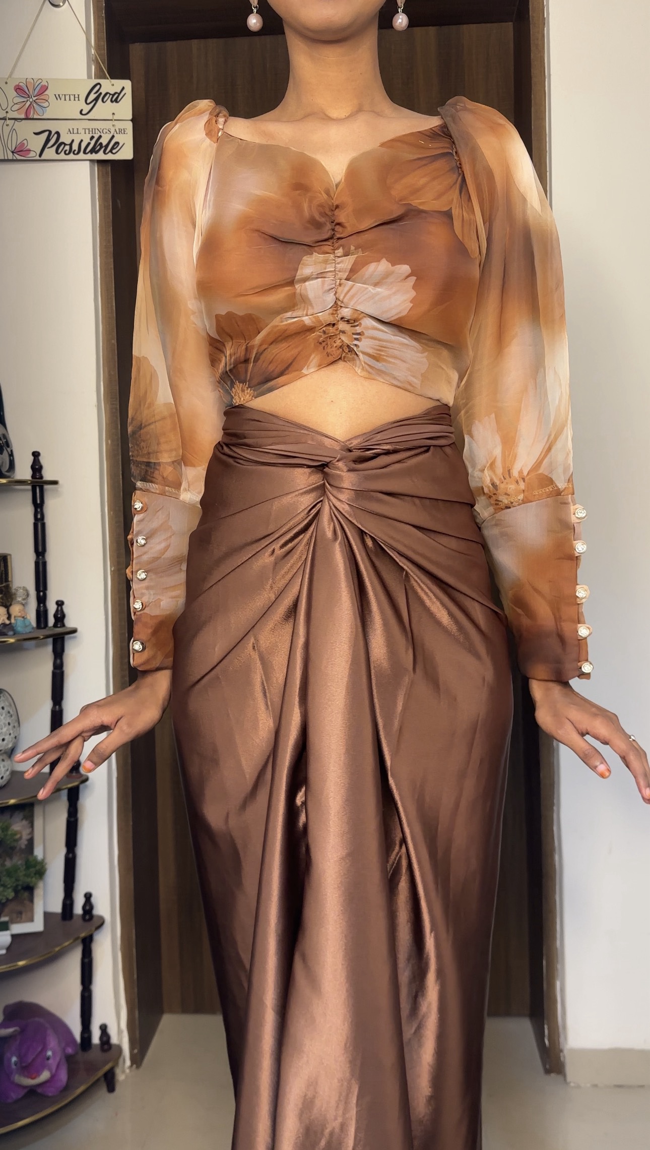 Brown Satin Long Skirt