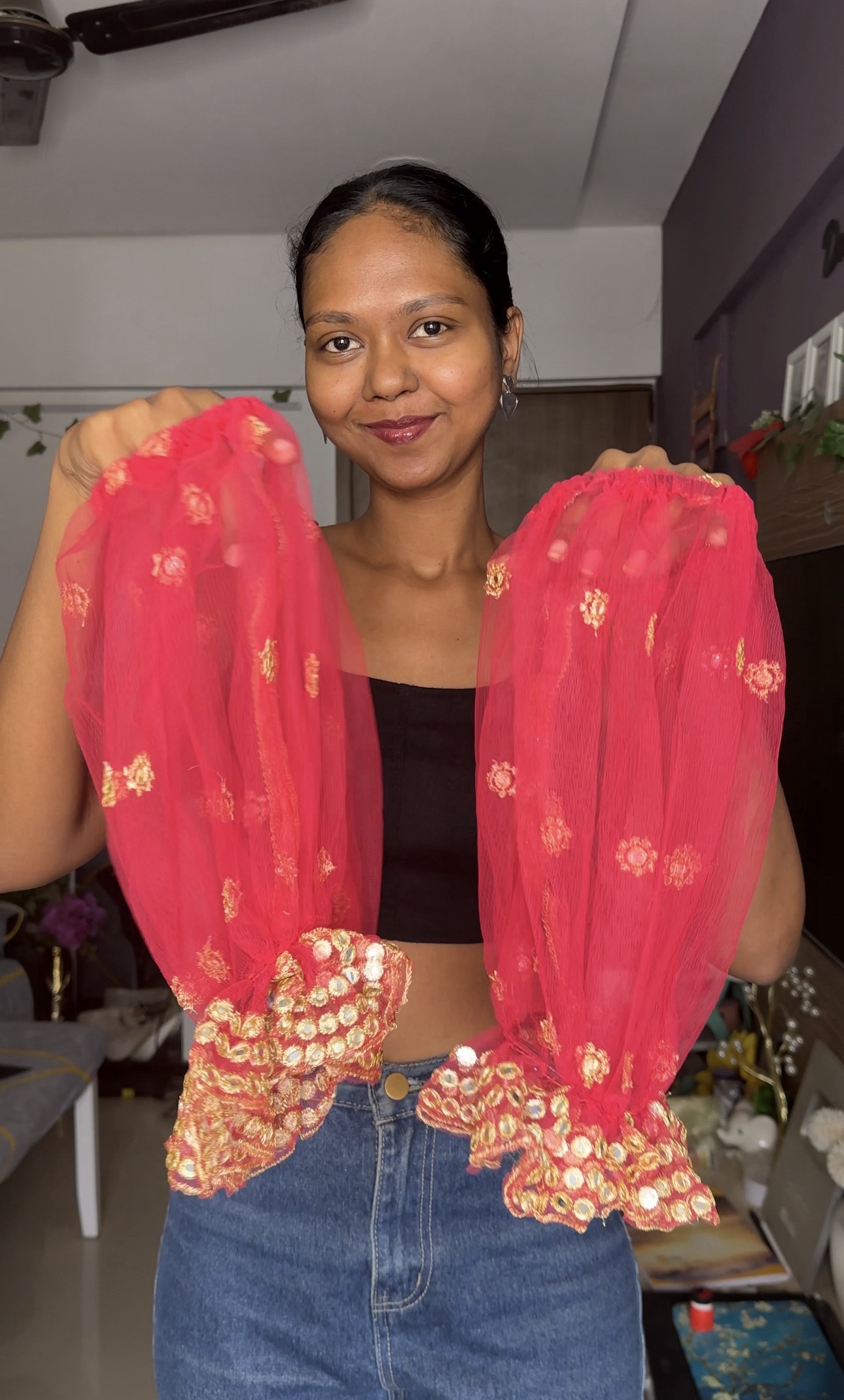 Pink Net Embroidery Puff Sleeves