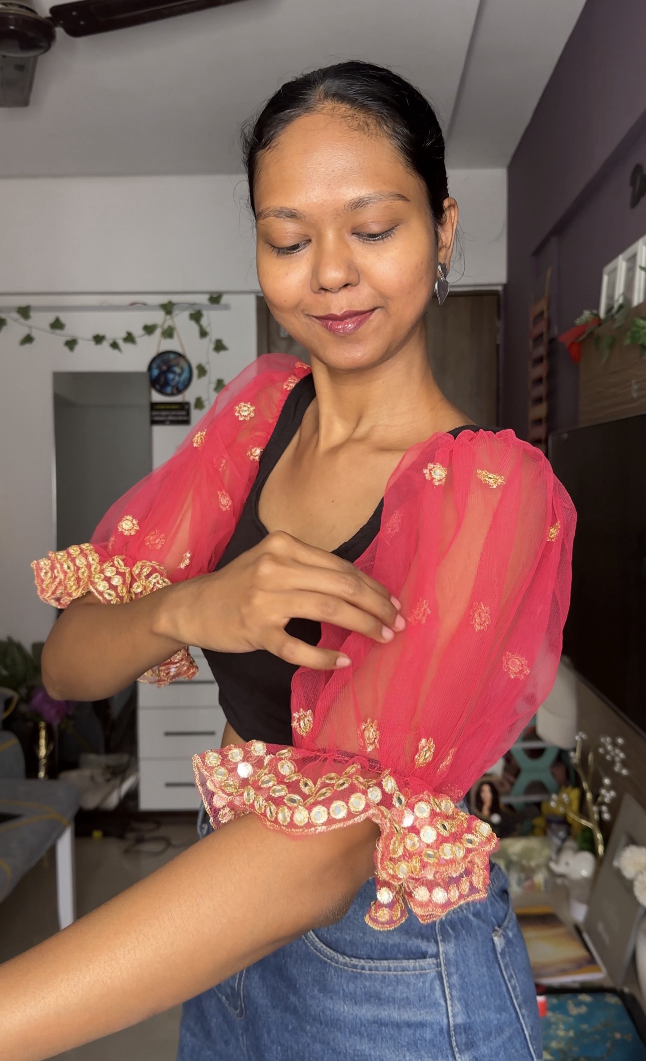 Pink Net Embroidery Puff Sleeves