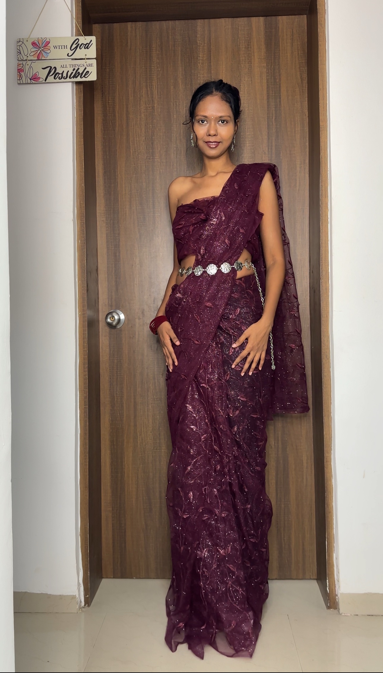 Maroon Colour Net Embroidery Ready To Wear Saree