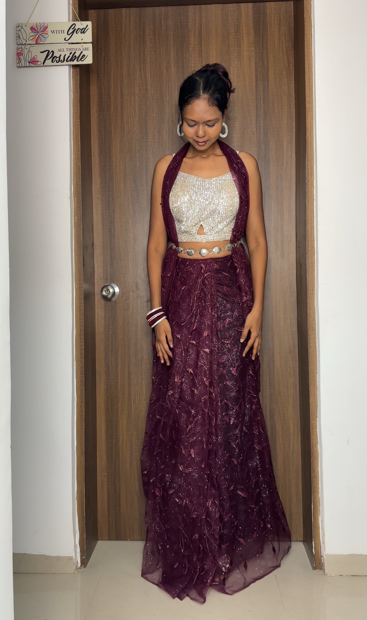 Maroon Colour Net Embroidery Ready To Wear Saree