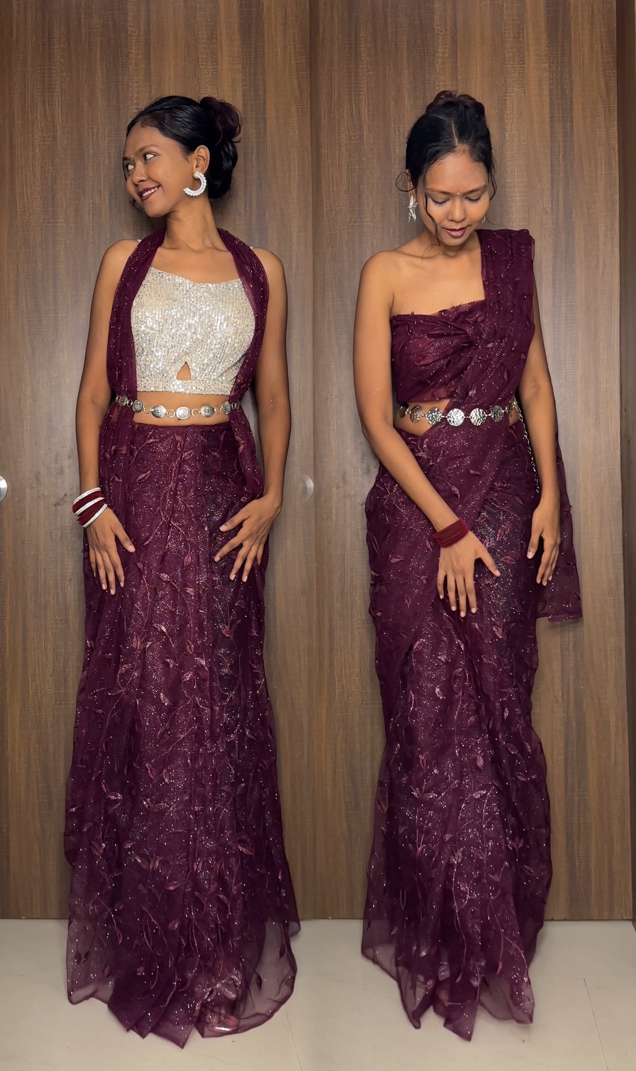 Maroon Colour Net Embroidery Ready To Wear Saree
