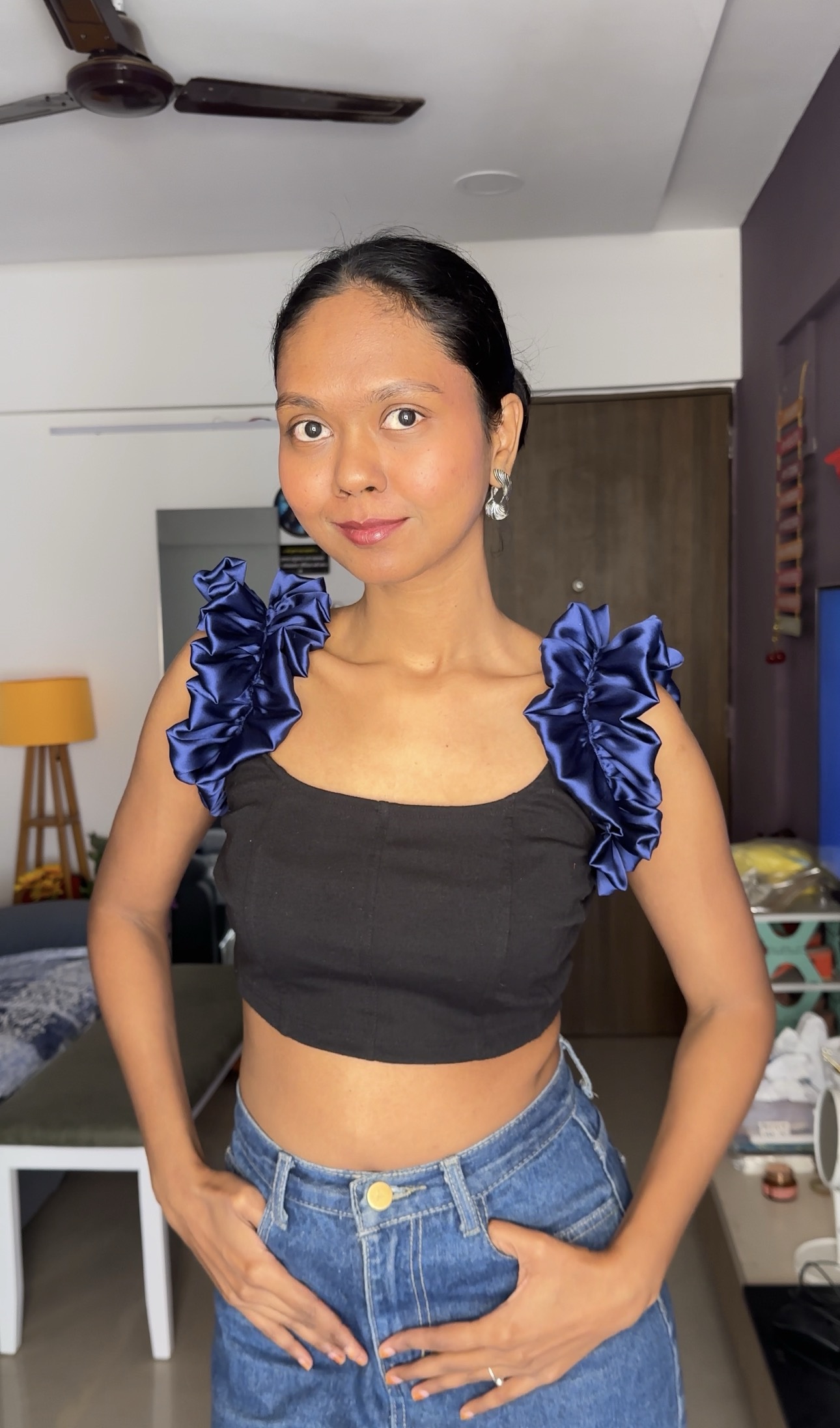 Navy Blue satin ruffle sleeves