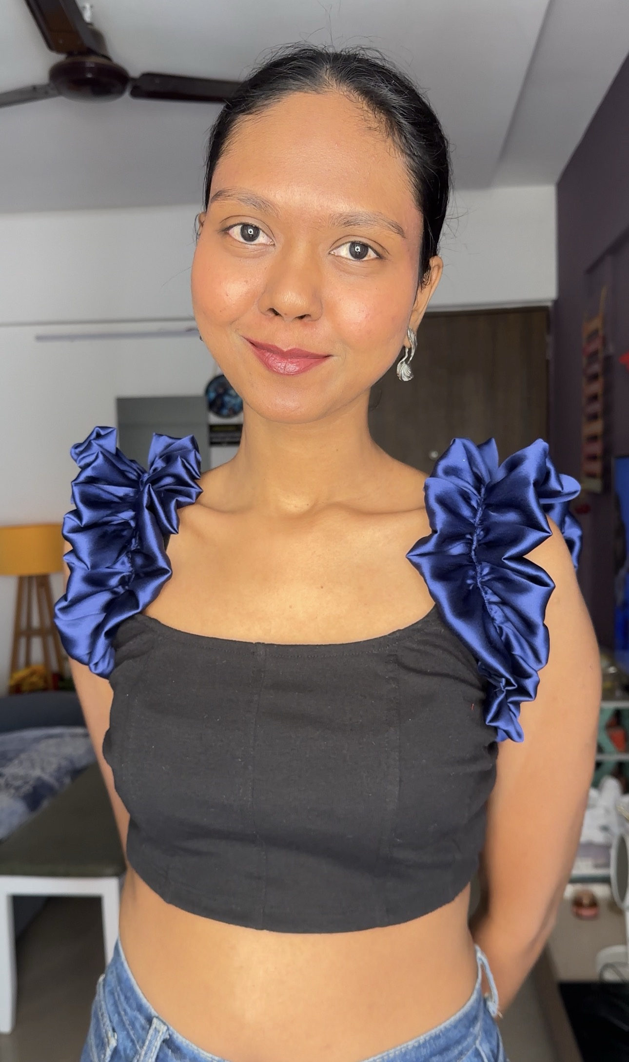 Navy Blue satin ruffle sleeves