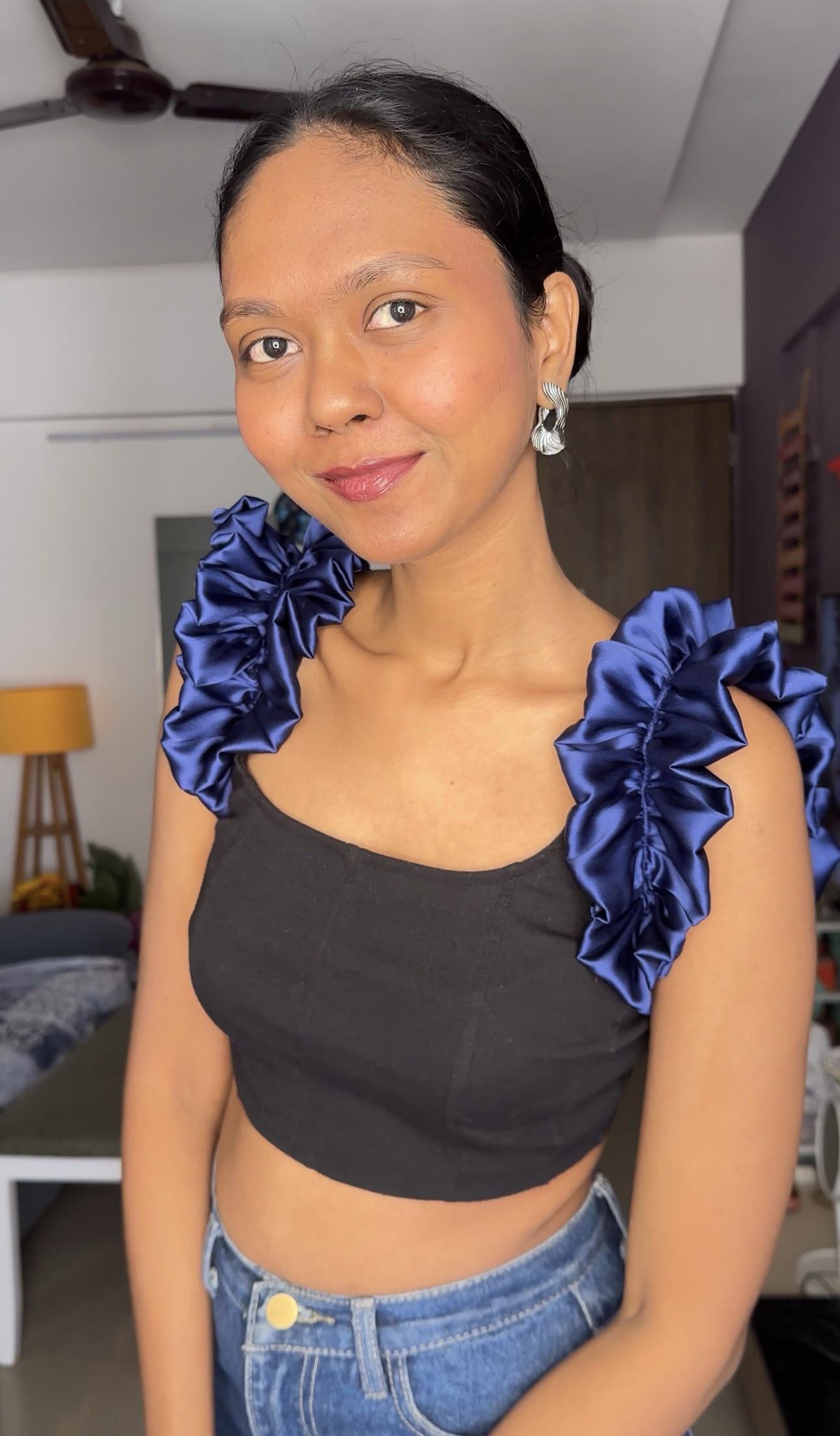 Navy Blue satin ruffle sleeves