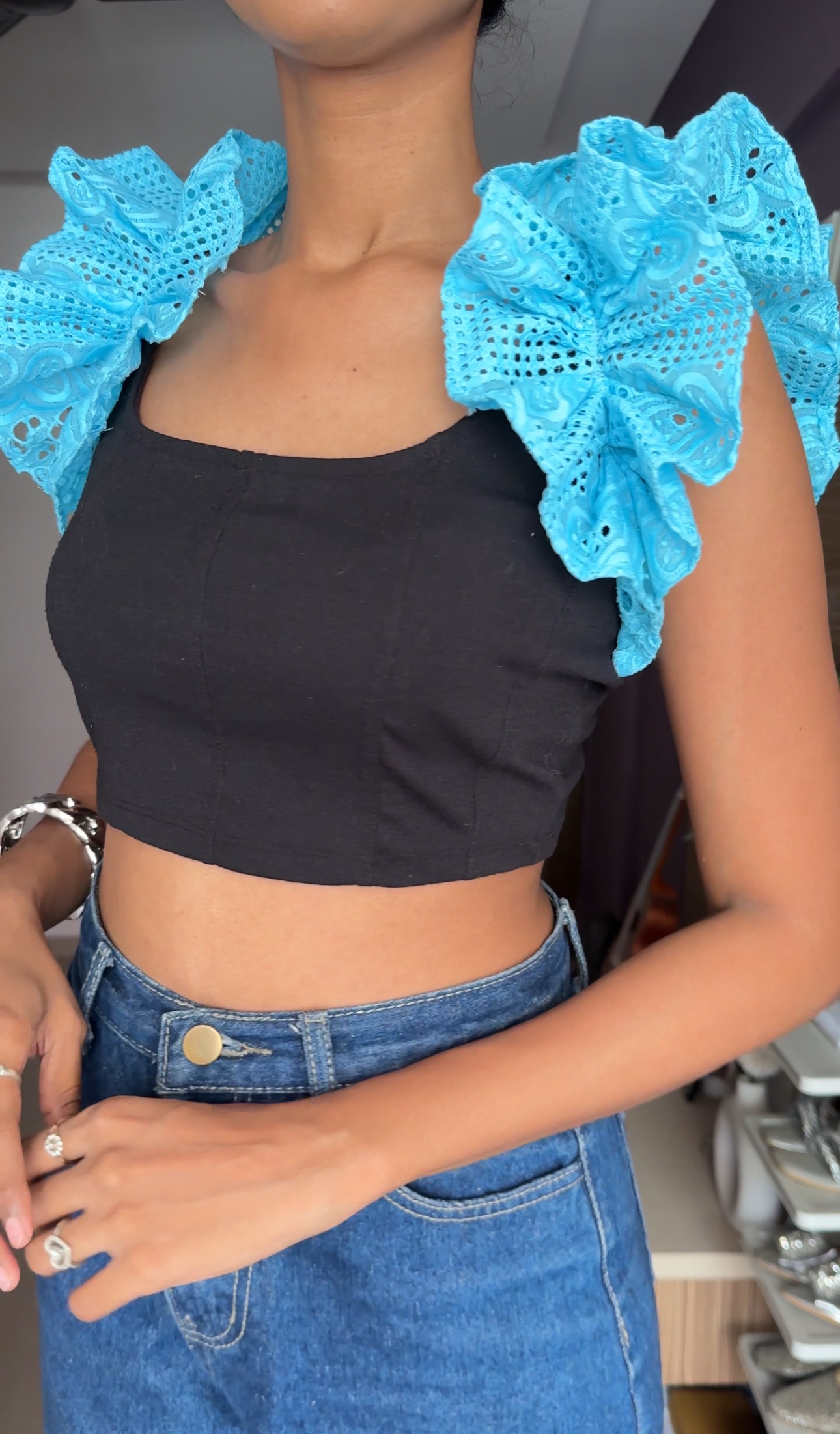 Baby Blue Cut Work Ruffle Sleeves