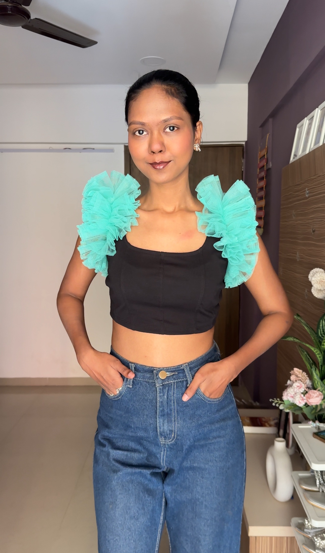 Light Teal Net Ruffle Sleeves