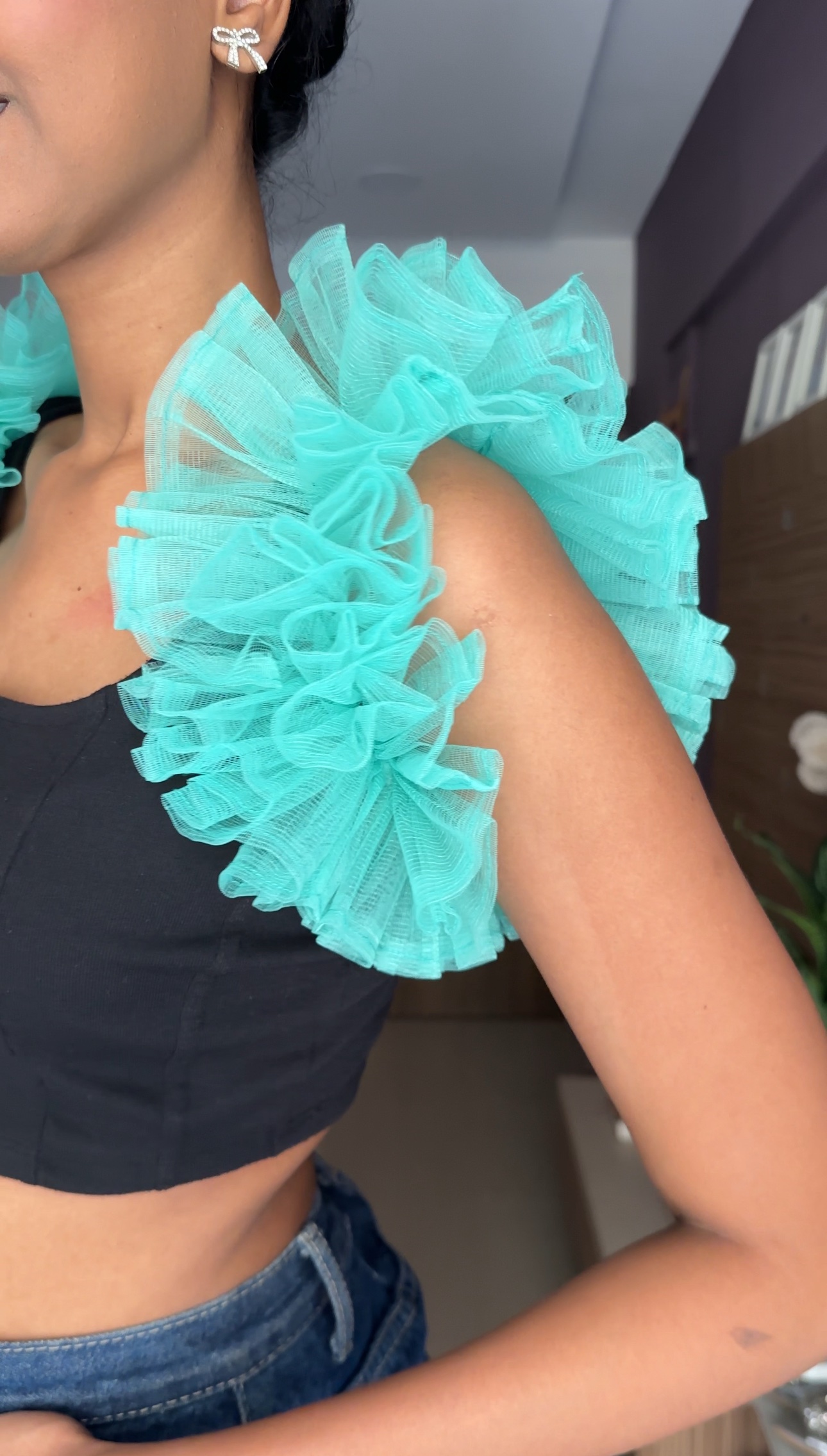 Light Teal Net Ruffle Sleeves