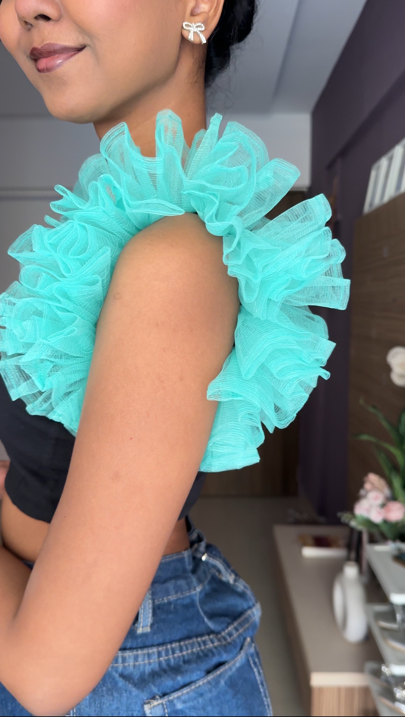 Light Teal Net Ruffle Sleeves