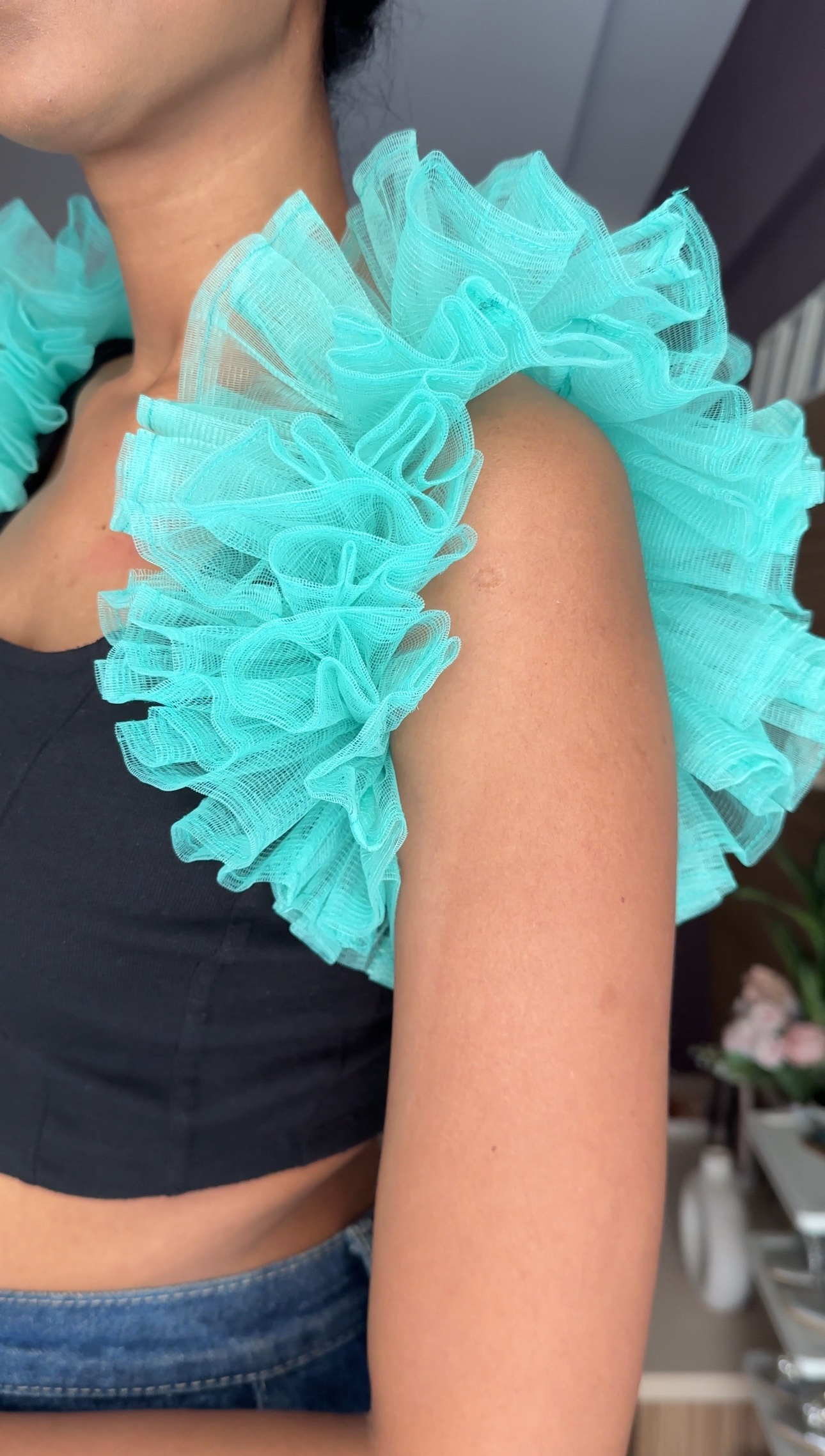Light Teal Net Ruffle Sleeves