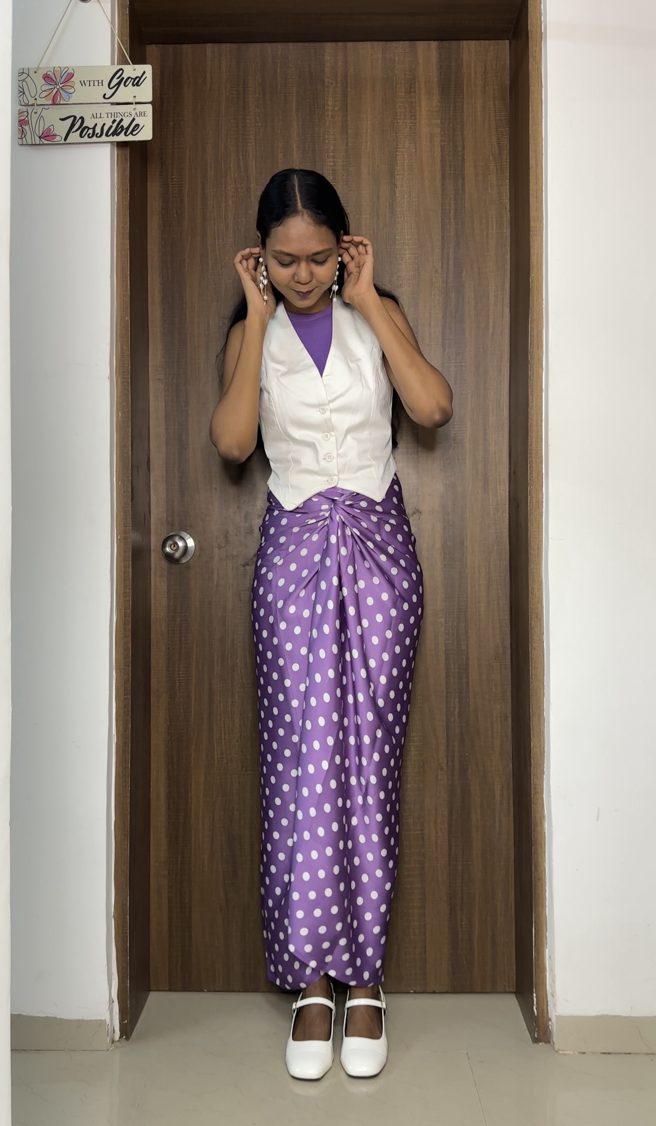 Lavender Polka Dots print satin multiway skirt