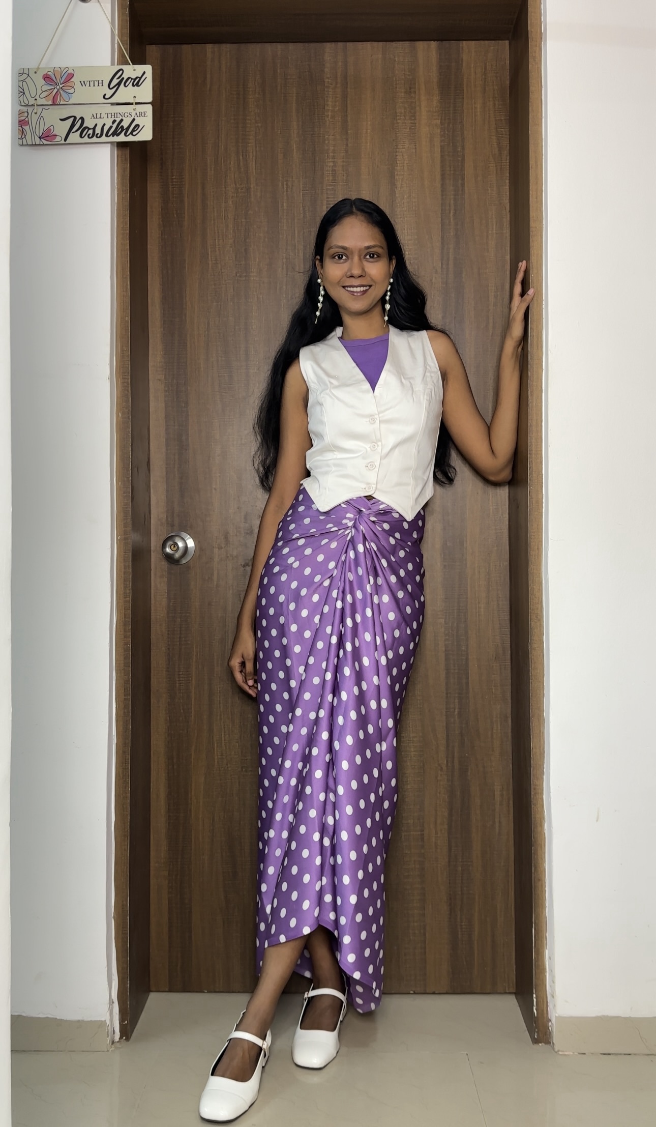 Lavender Polka Dots print satin multiway skirt