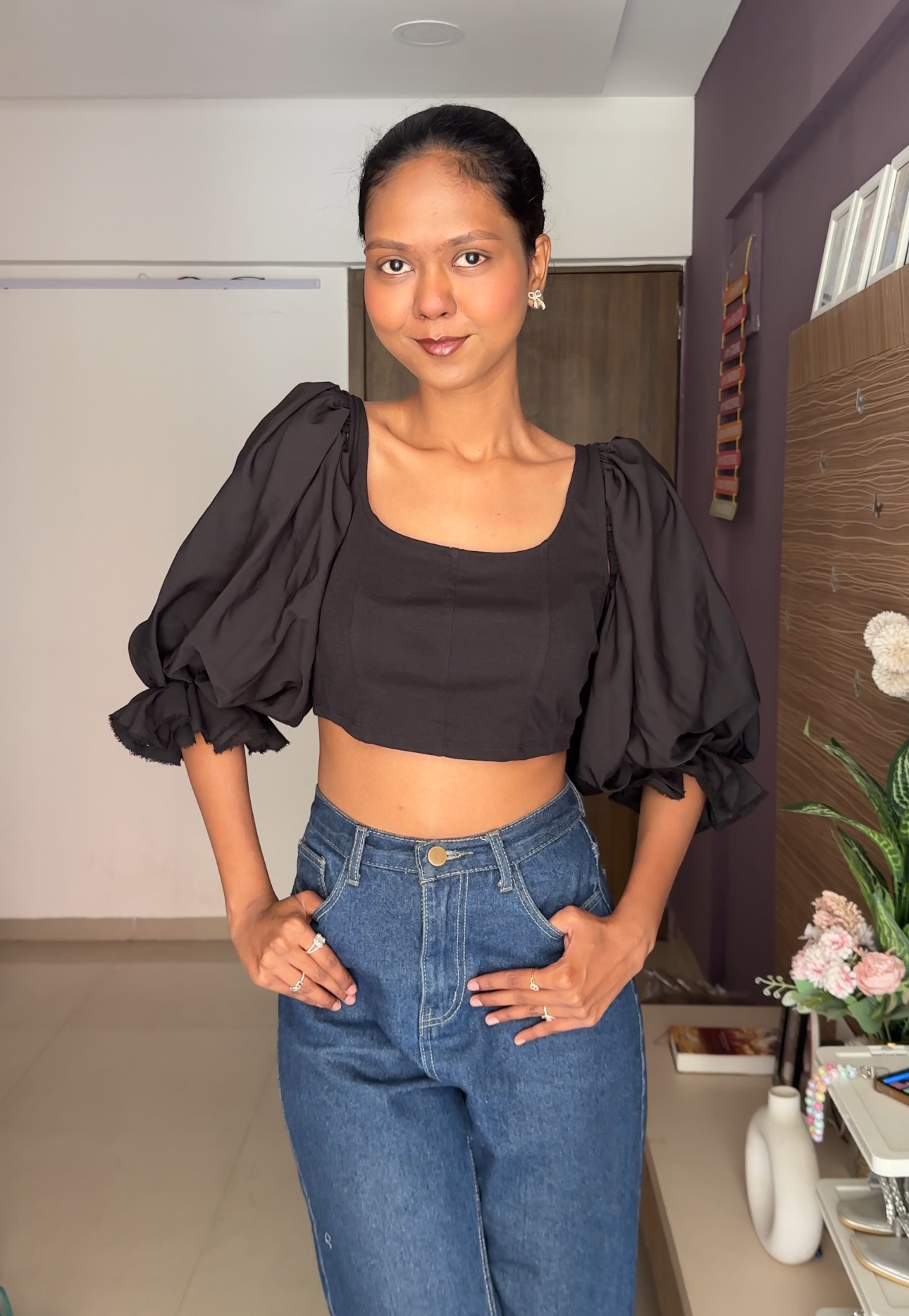 Crepe Black Puff Sleeves