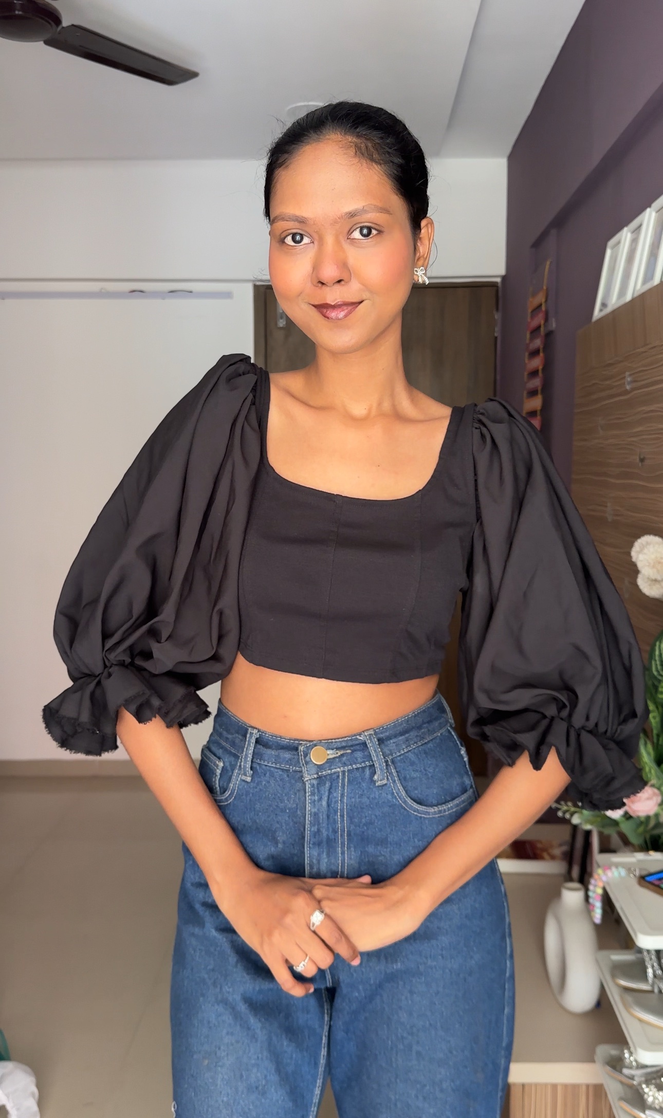 Crepe Black Puff Sleeves